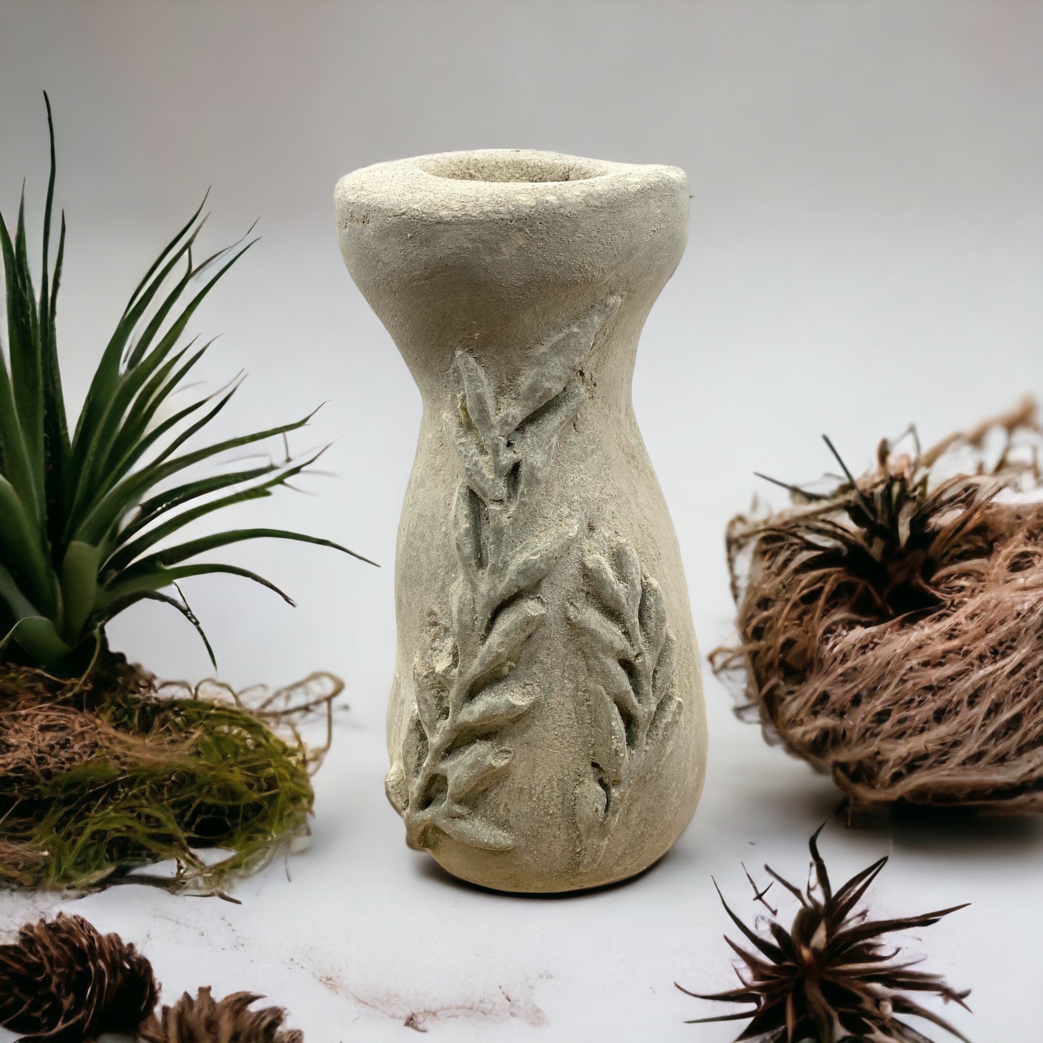 Cement Vase, Leafy Branches, Lightweight Concrete, Aircrete-0