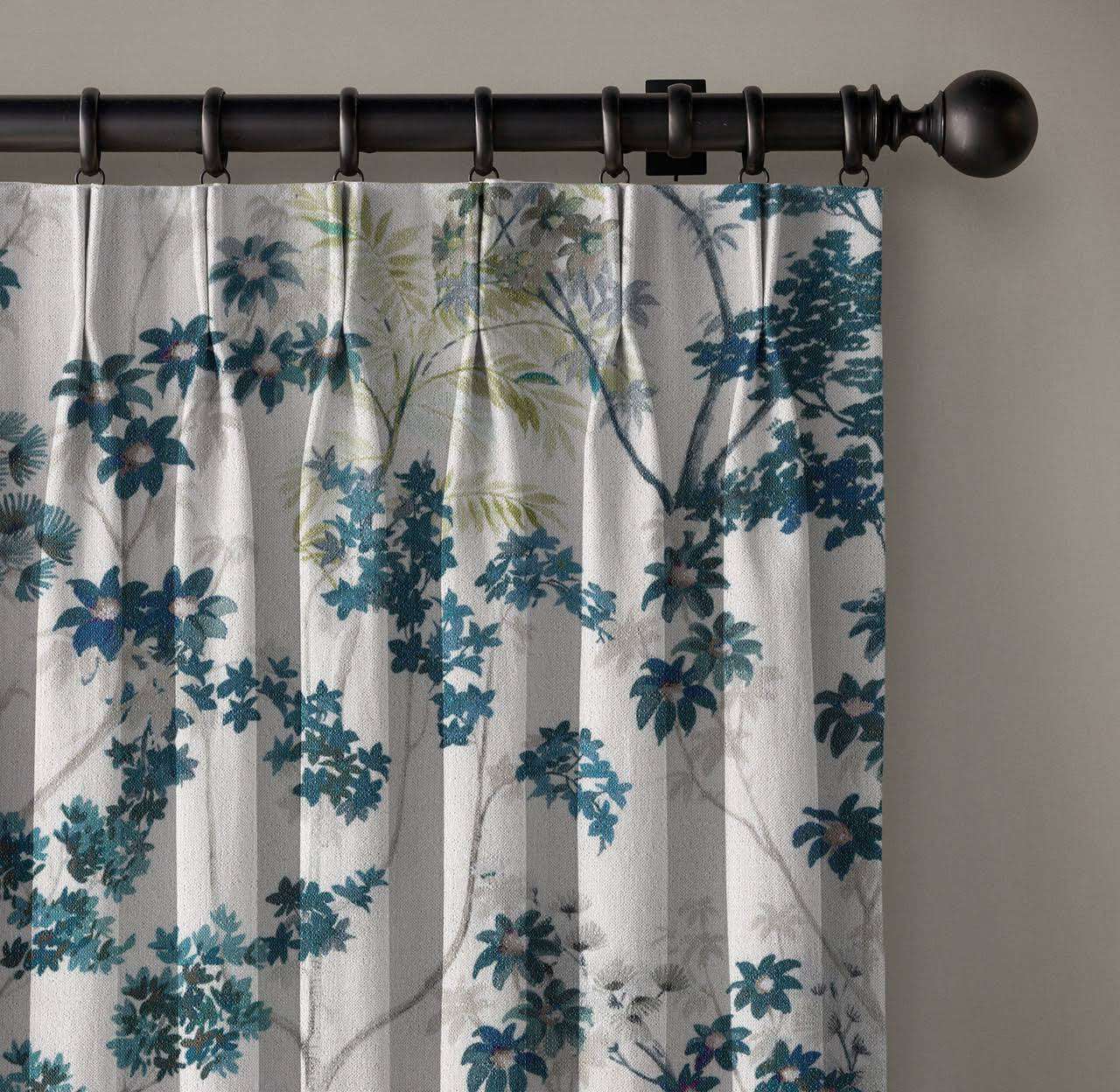 Elegant Hand Painted Floral Linen Cotton Curtains - UK Made to Measure Pinch Pleated Window Drapes-3