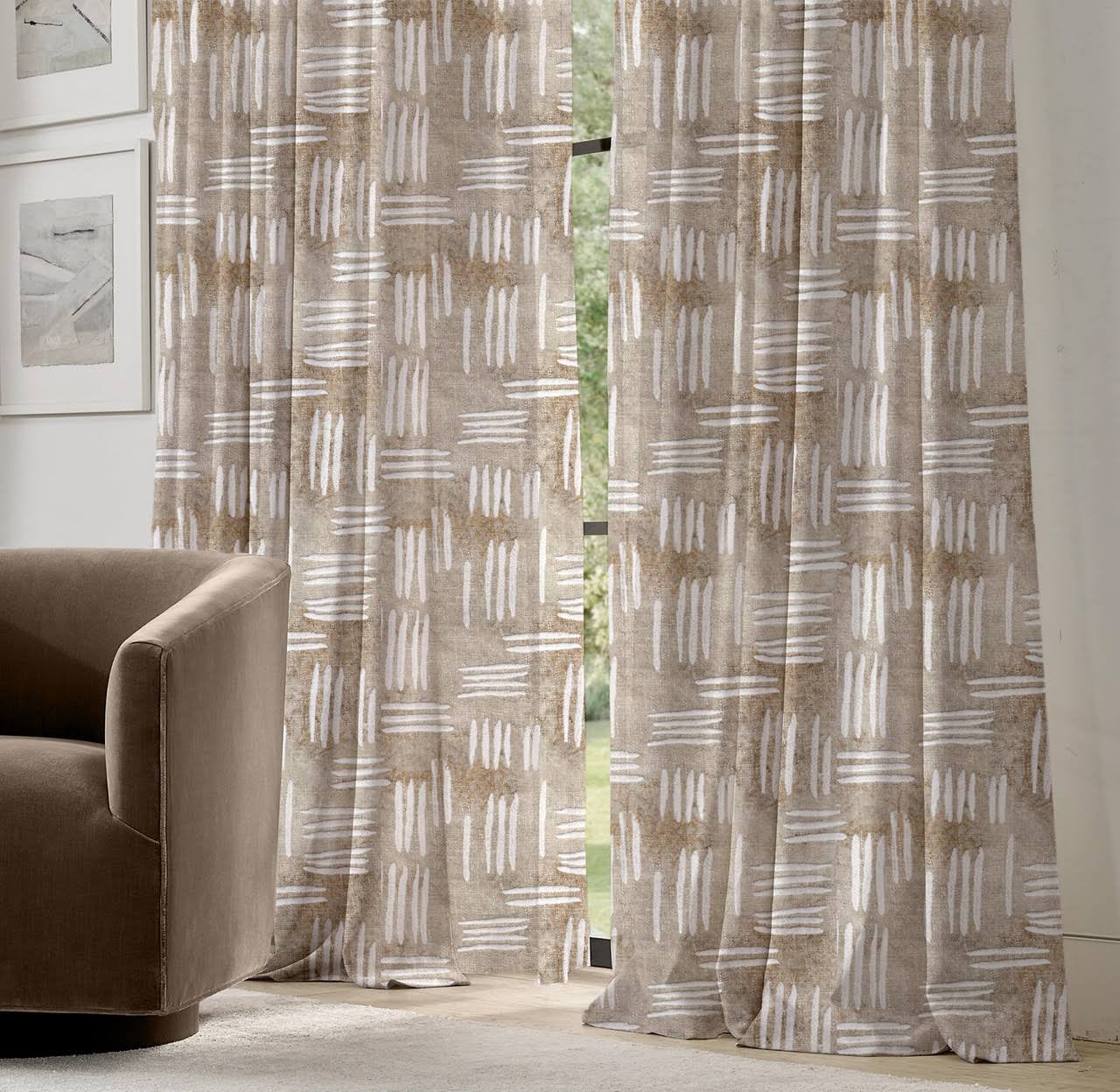 Natural Beige Linen Pinch Pleated Curtains - Modern Abstract Pattern - Light Filtering Privacy or Blackout - Made to Measure-1
