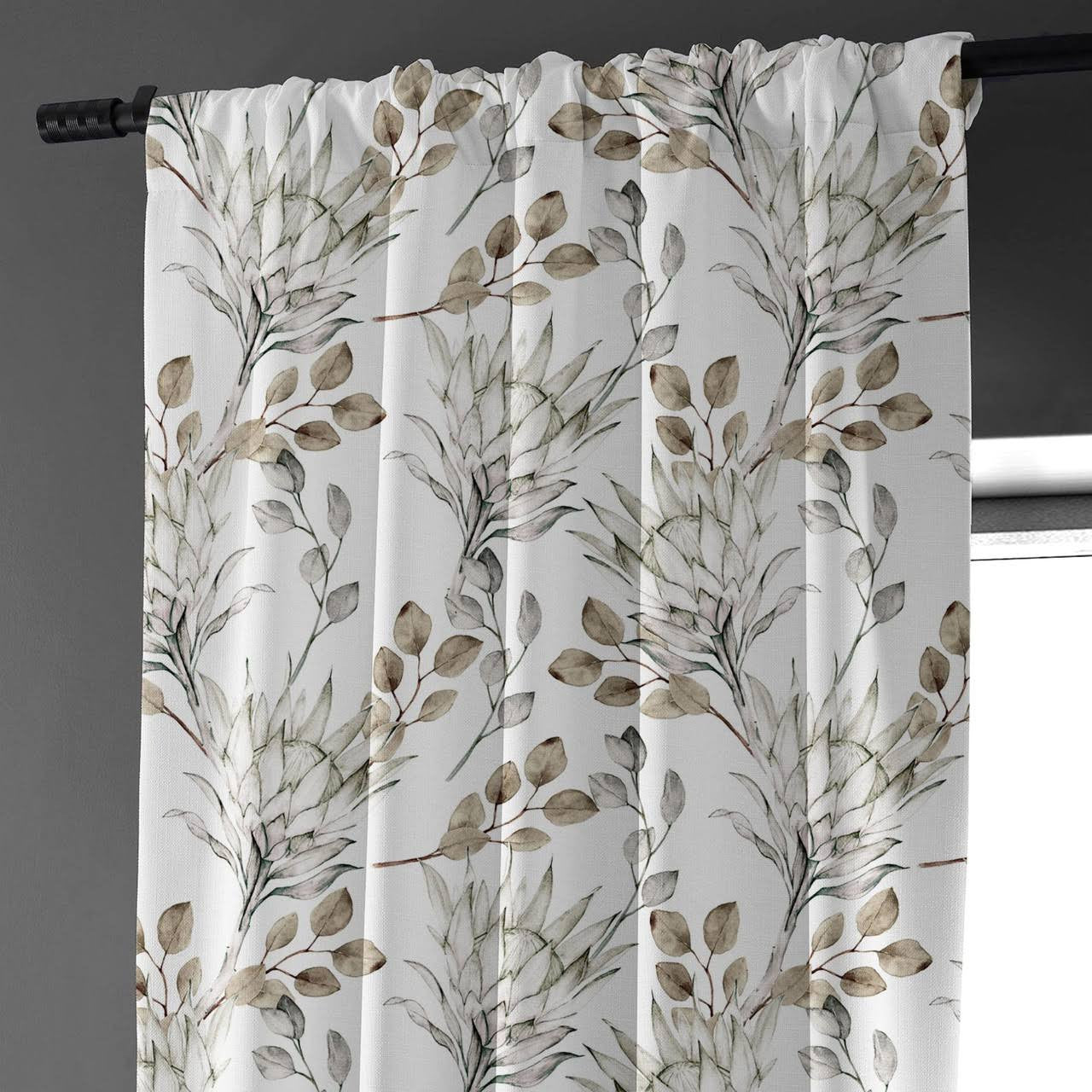 Hand Painted Style Brown Linen Curtains UK - Watercolor Leaf & Flower Design-1