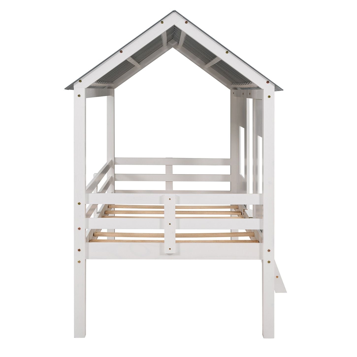 Imaginative Twin Low Loft Wood House Bed with Roof and Windows, White | Just Better Bunk Beds