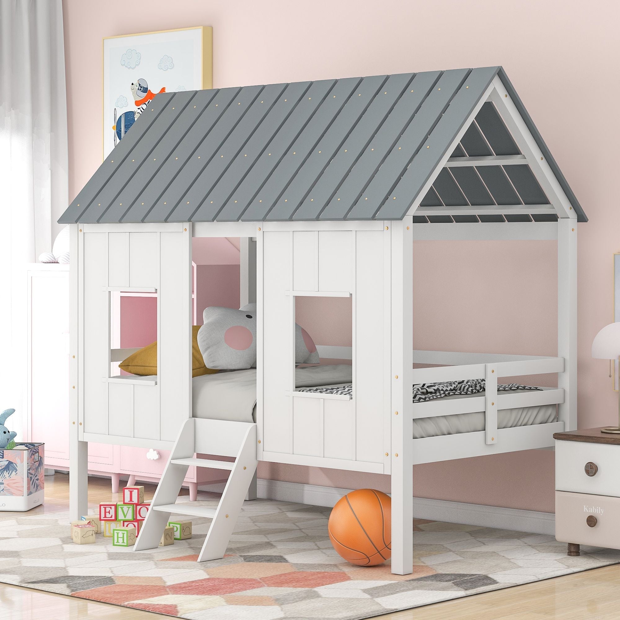 Imaginative Twin Low Loft Wood House Bed with Roof and Windows, White | Just Better Bunk Beds