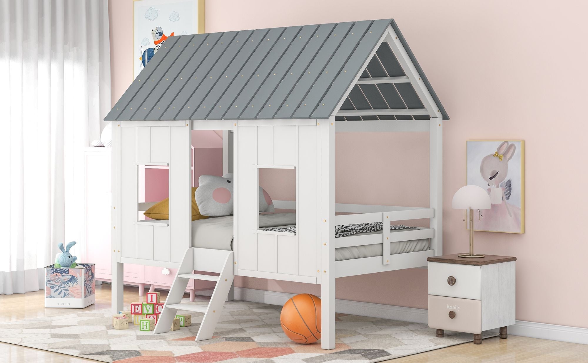 Imaginative Twin Low Loft Wood House Bed with Roof and Windows, White | Just Better Bunk Beds