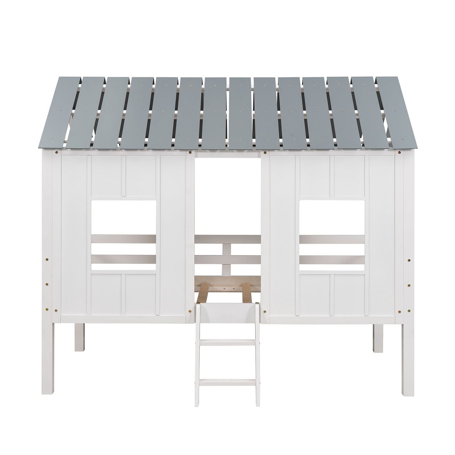 Imaginative Twin Low Loft Wood House Bed with Roof and Windows, White | Just Better Bunk Beds