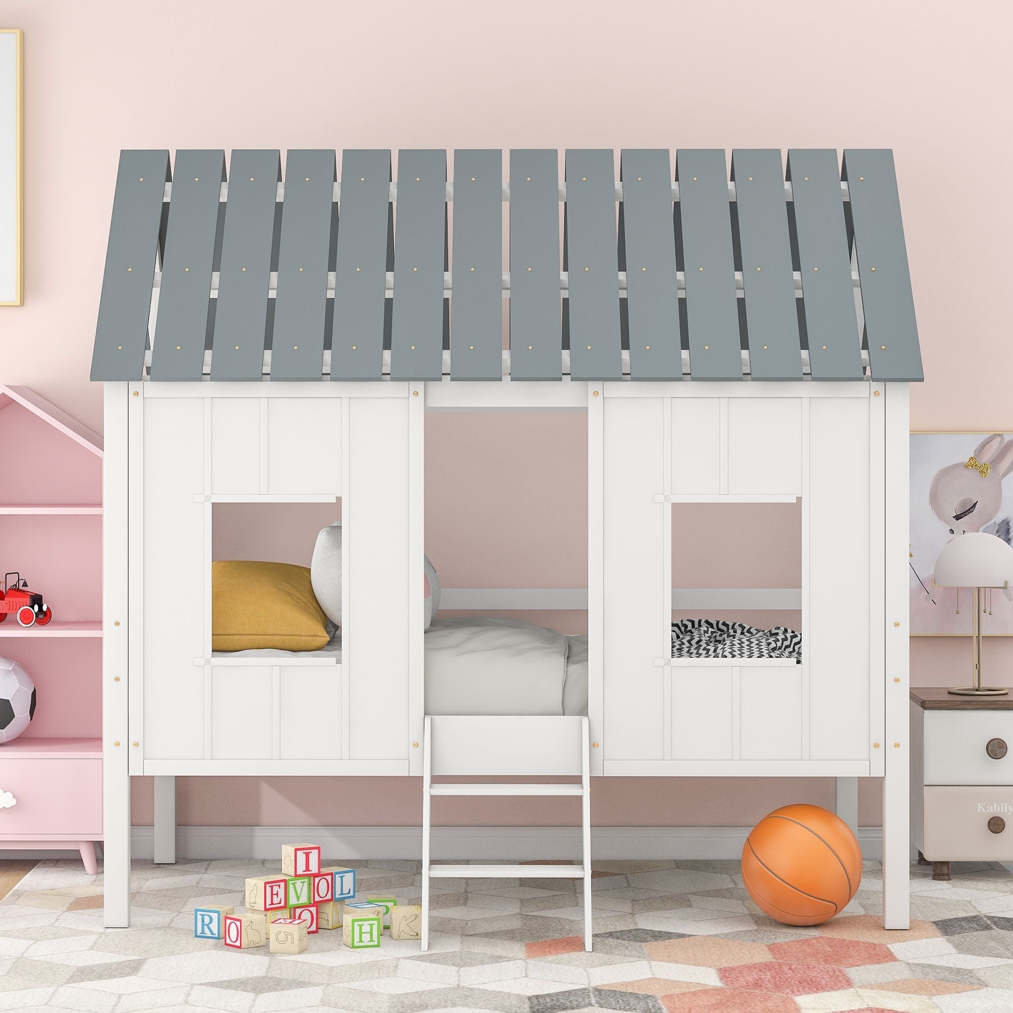 Imaginative Twin Low Loft Wood House Bed with Roof and Windows, White | Just Better Bunk Beds