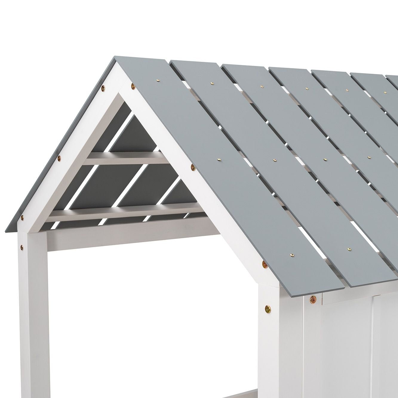 Imaginative Twin Low Loft Wood House Bed with Roof and Windows, White | Just Better Bunk Beds