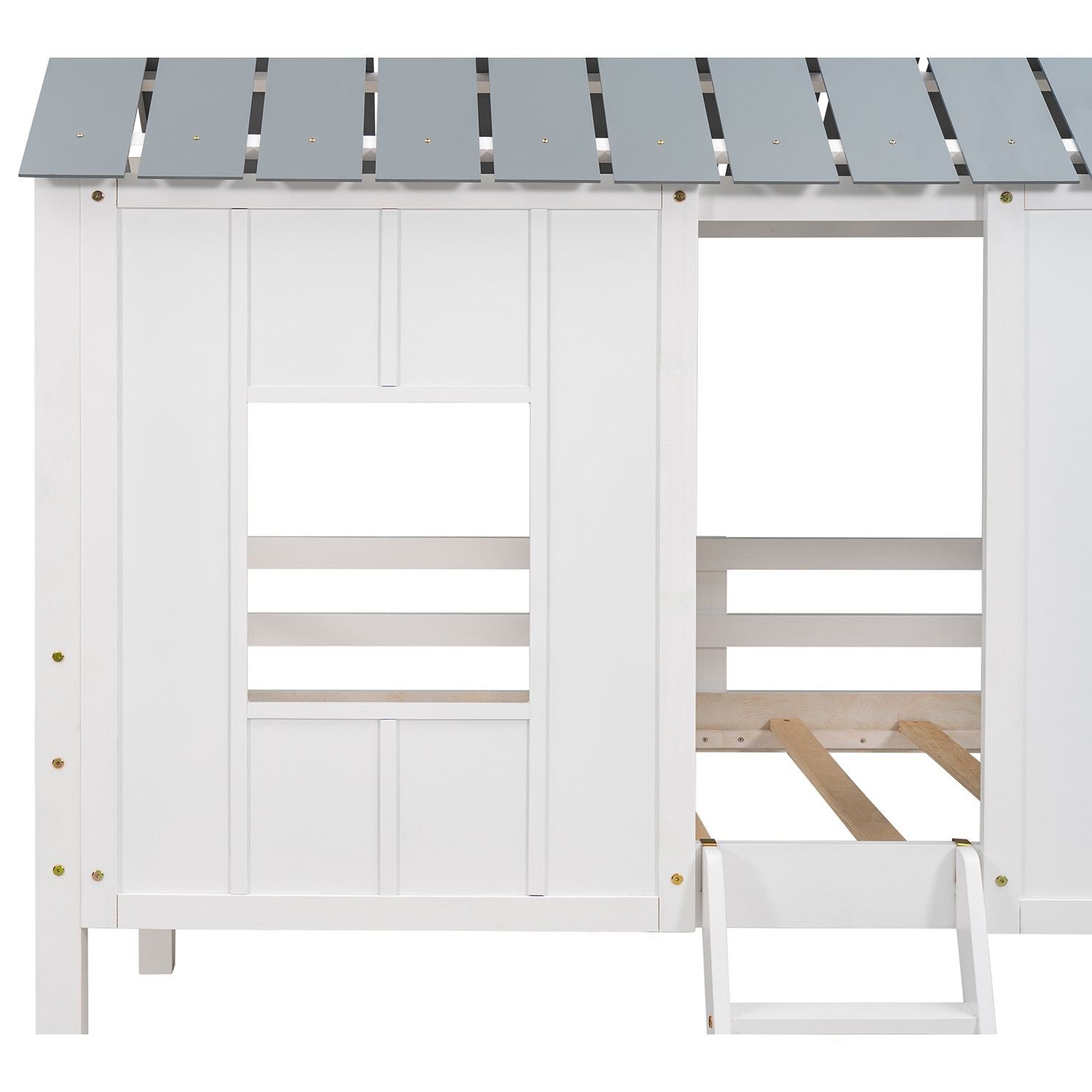 Imaginative Twin Low Loft Wood House Bed with Roof and Windows, White | Just Better Bunk Beds