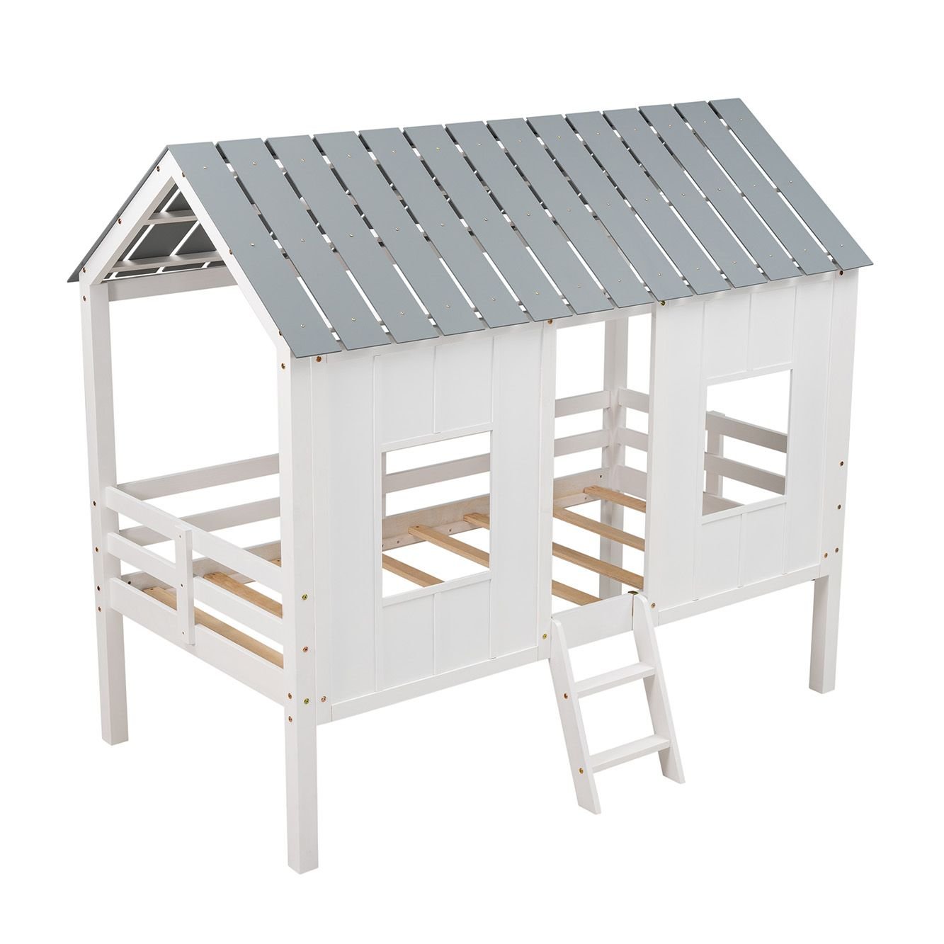 Imaginative Twin Low Loft Wood House Bed with Roof and Windows, White | Just Better Bunk Beds
