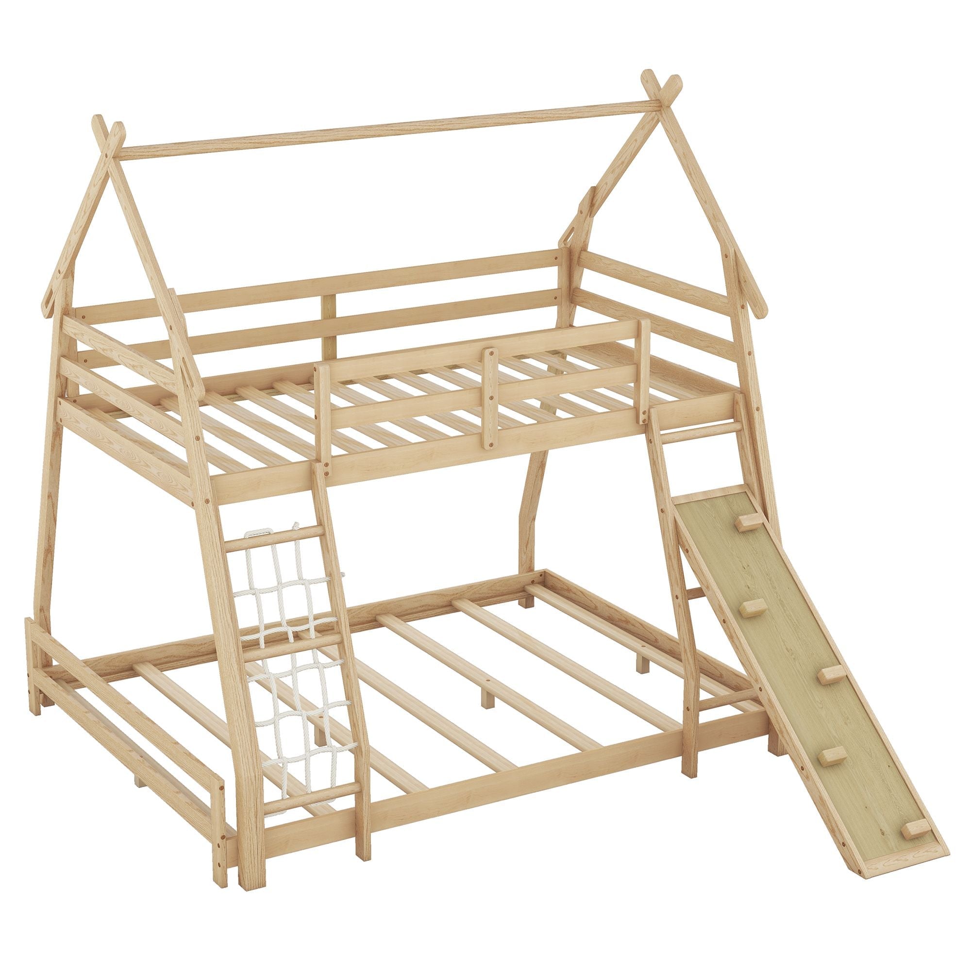 Imaginative Twin Over Queen Wood Bunk Bed with Climbing Nets and Ramp in Natural Finish | Just Better Bunk Beds
