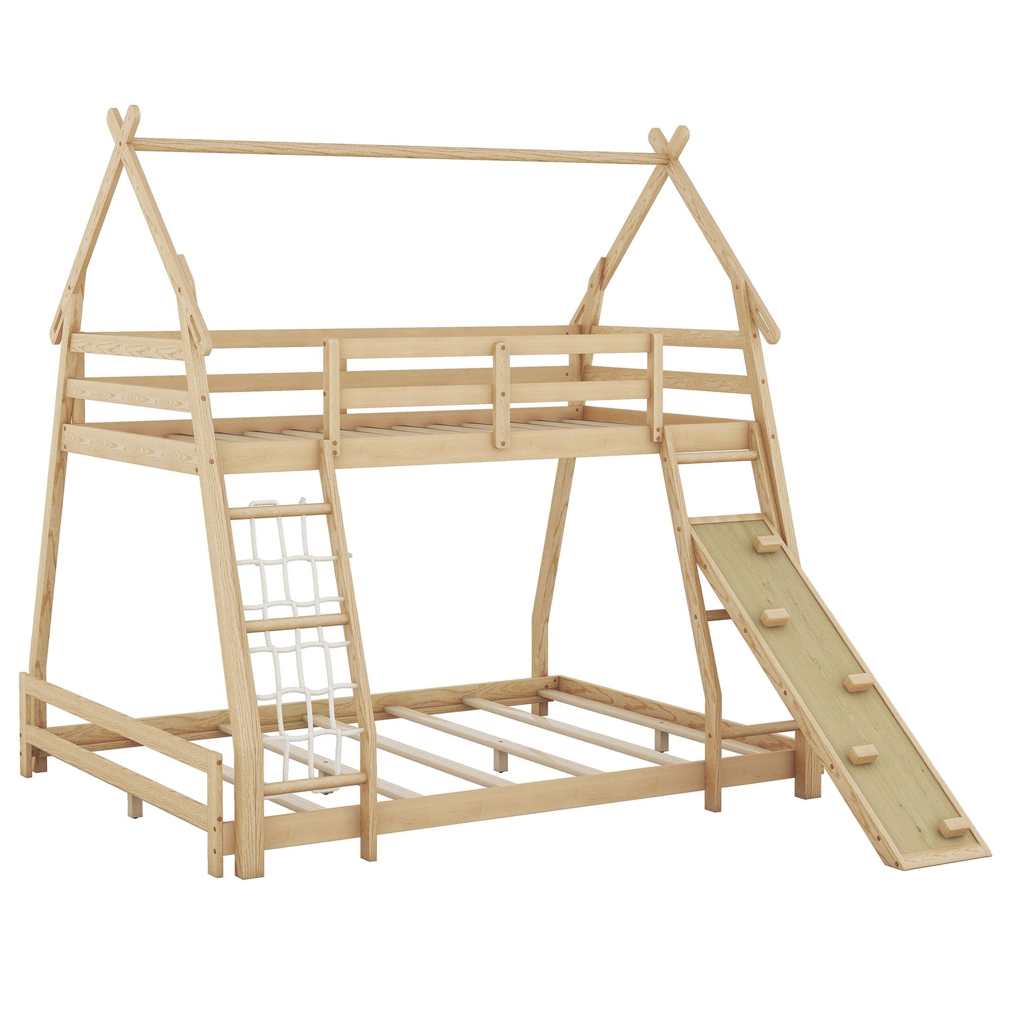 Imaginative Twin Over Queen Wood Bunk Bed with Climbing Nets and Ramp in Natural Finish | Just Better Bunk Beds