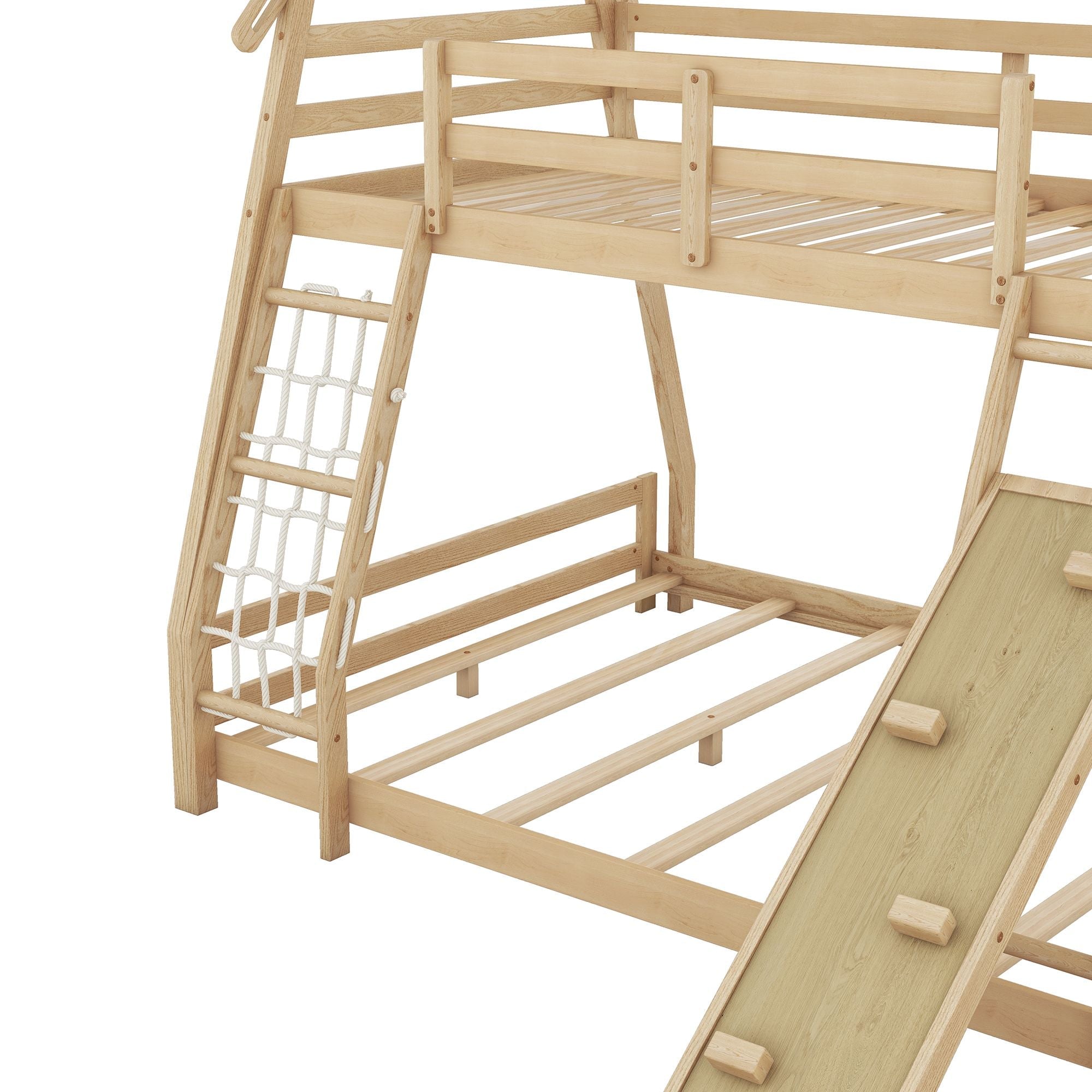 Imaginative Twin Over Queen Wood Bunk Bed with Climbing Nets and Ramp in Natural Finish | Just Better Bunk Beds