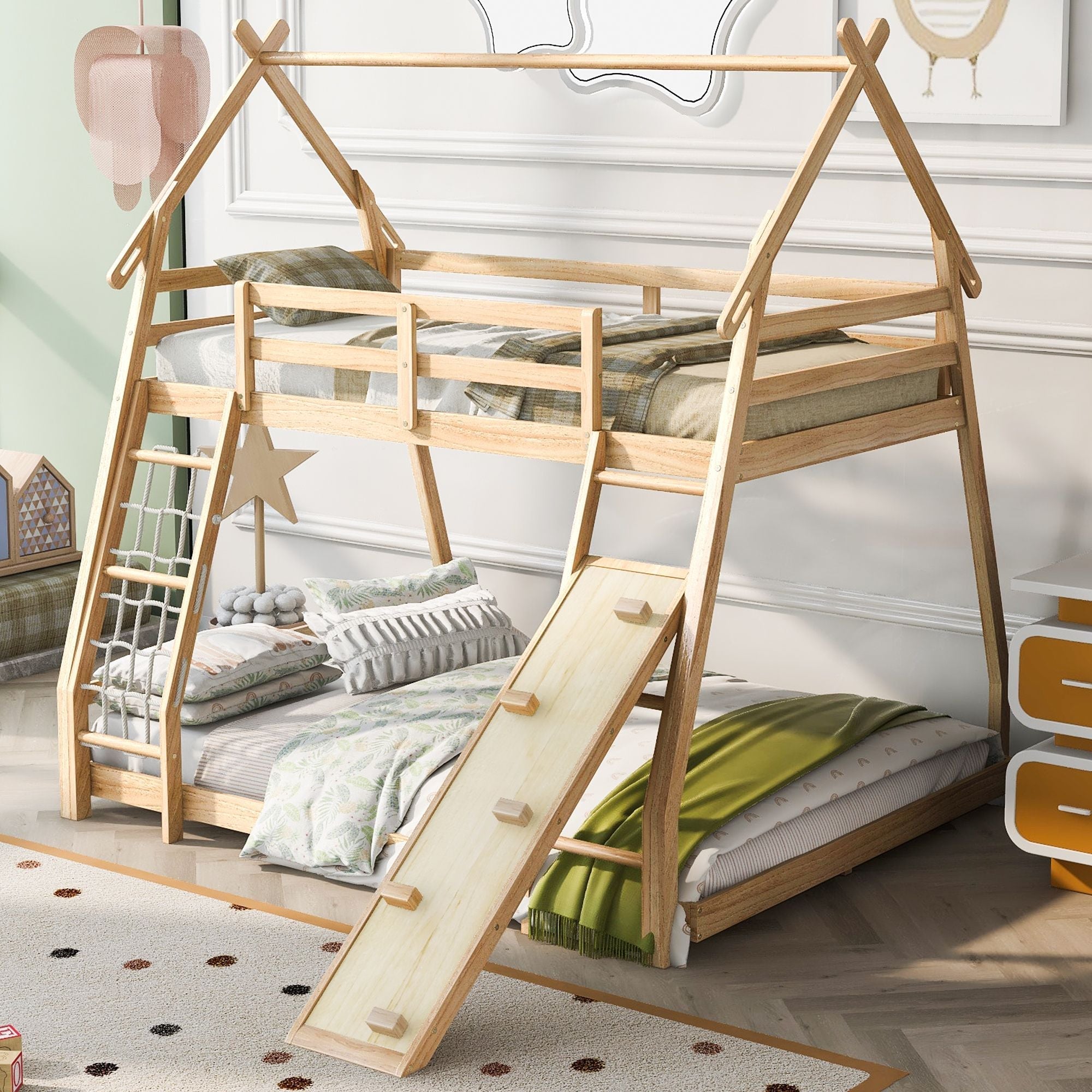 Imaginative Twin Over Queen Wood Bunk Bed with Climbing Nets and Ramp in Natural Finish | Just Better Bunk Beds
