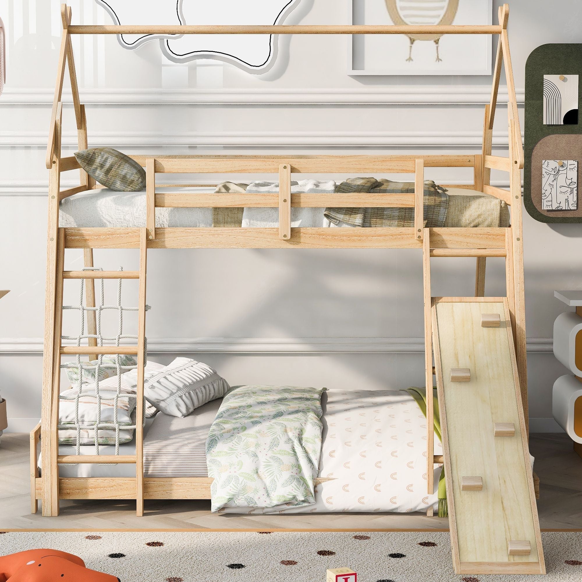 Imaginative Twin Over Queen Wood Bunk Bed with Climbing Nets and Ramp in Natural Finish | Just Better Bunk Beds