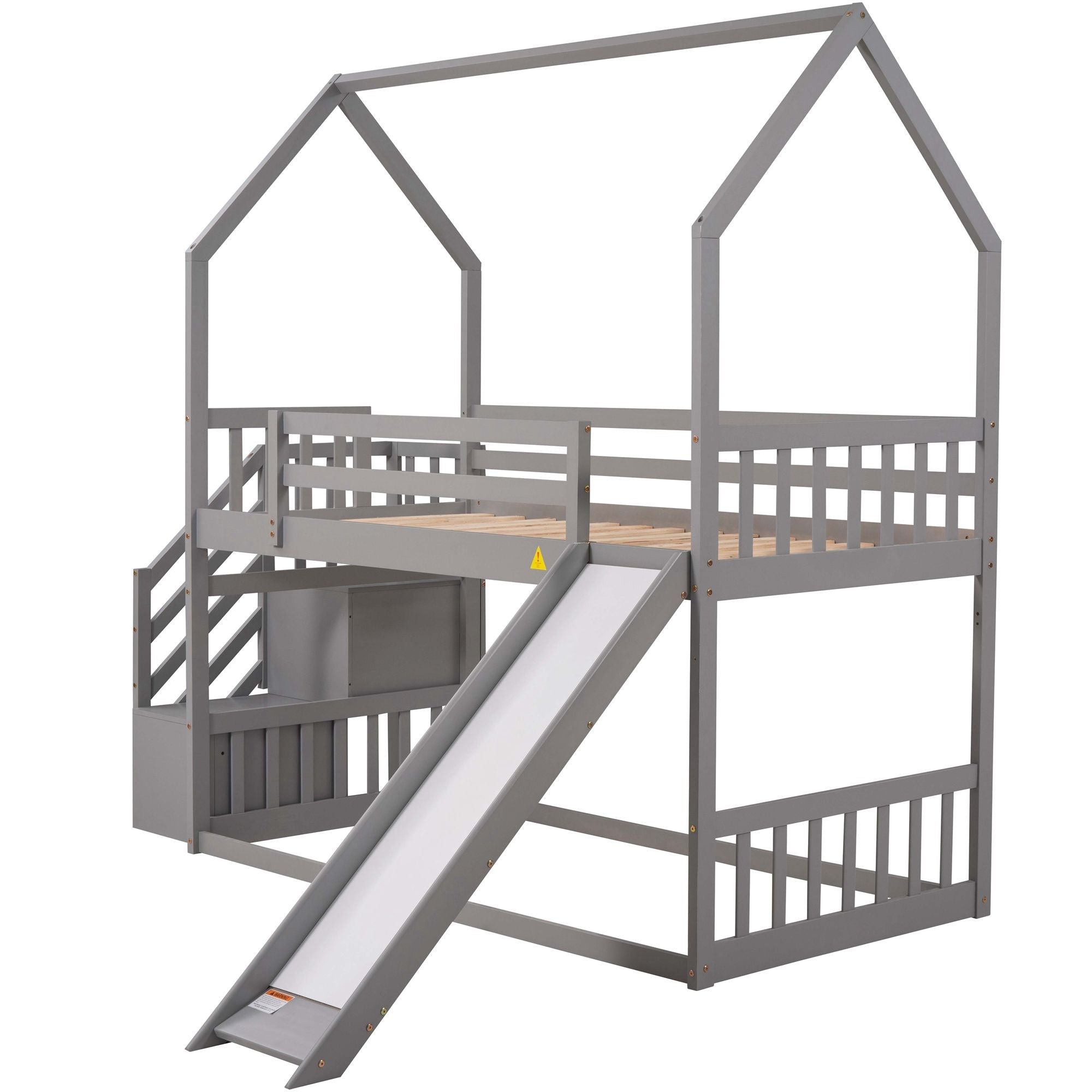 Imaginative Twin Over Twin Wood Bunk Bed with Convertible Slide and Storage Stairs, Gray | Just Better Bunk Beds