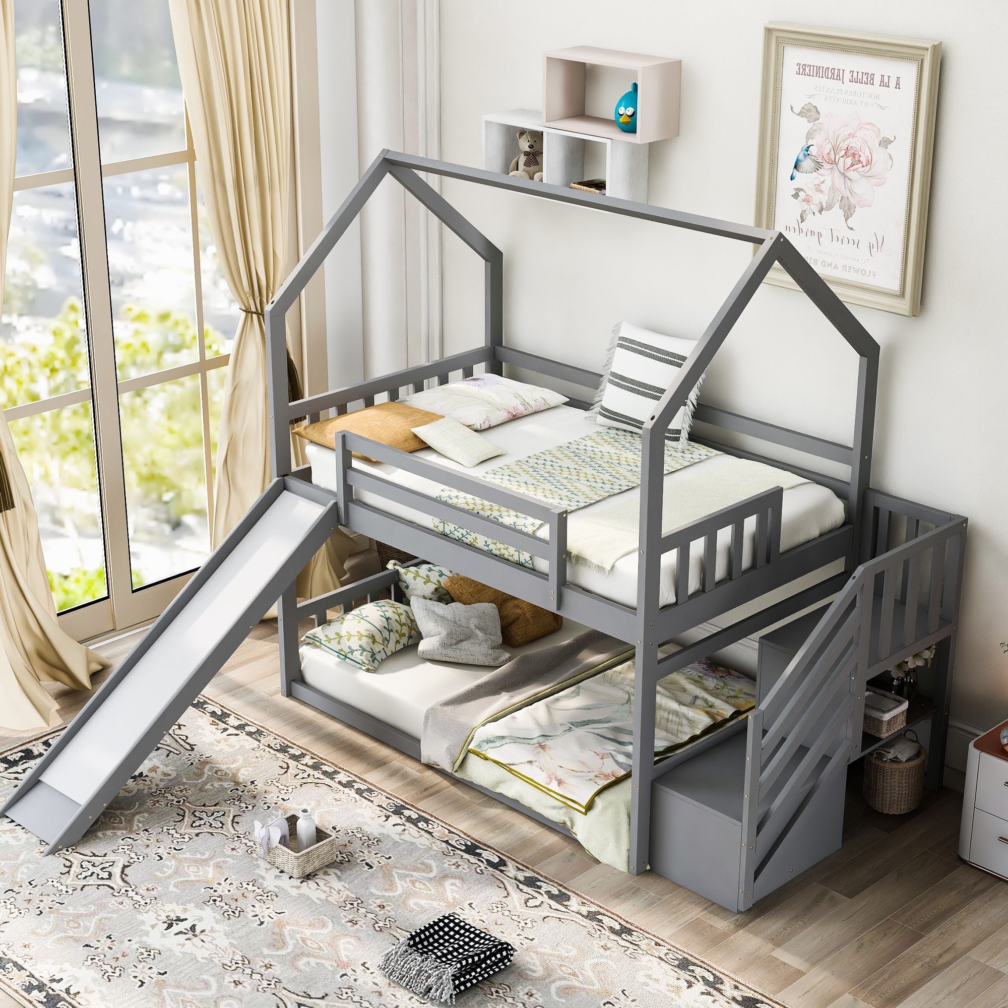 Imaginative Twin Over Twin Wood Bunk Bed with Convertible Slide and Storage Stairs, Gray | Just Better Bunk Beds
