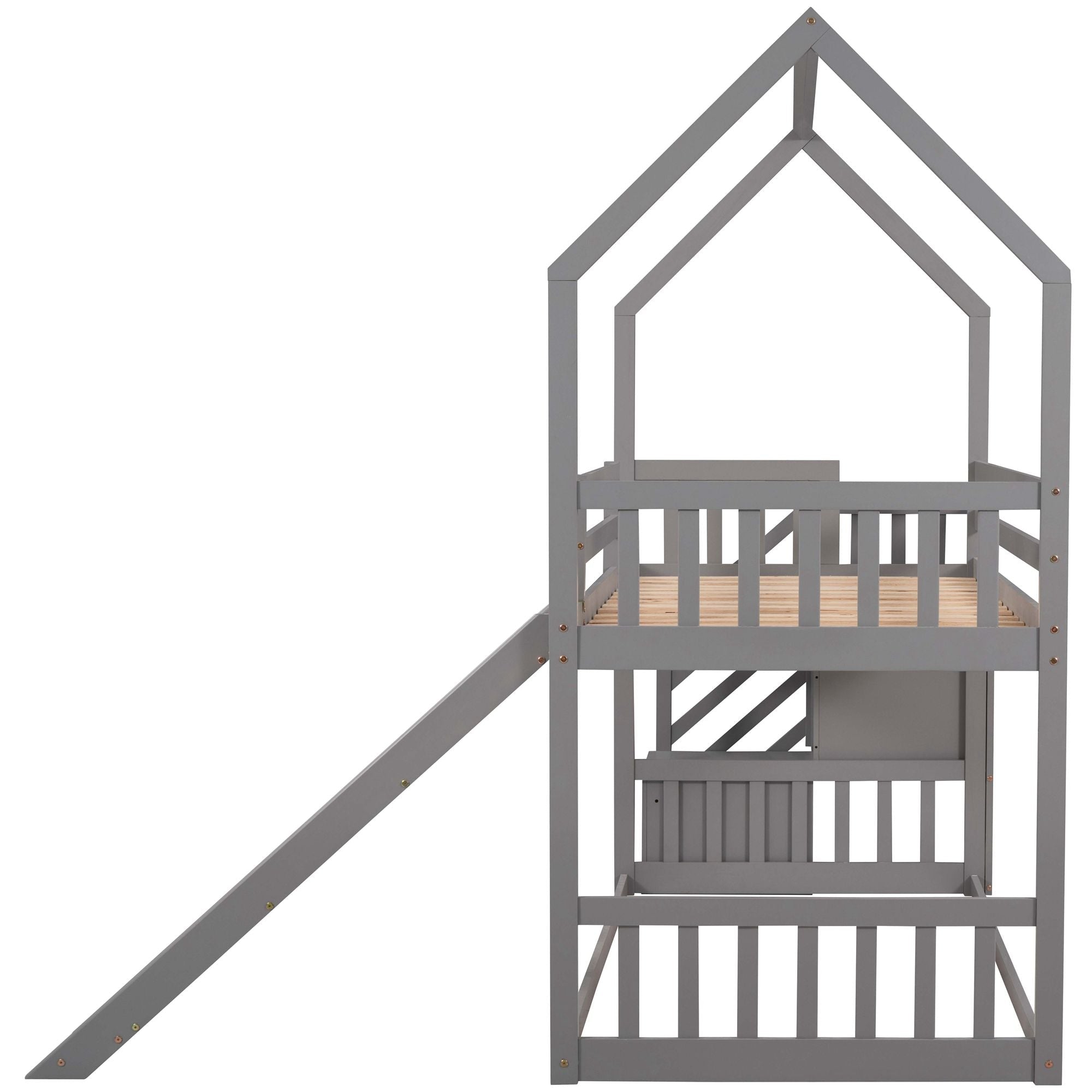 Imaginative Twin Over Twin Wood Bunk Bed with Convertible Slide and Storage Stairs, Gray | Just Better Bunk Beds
