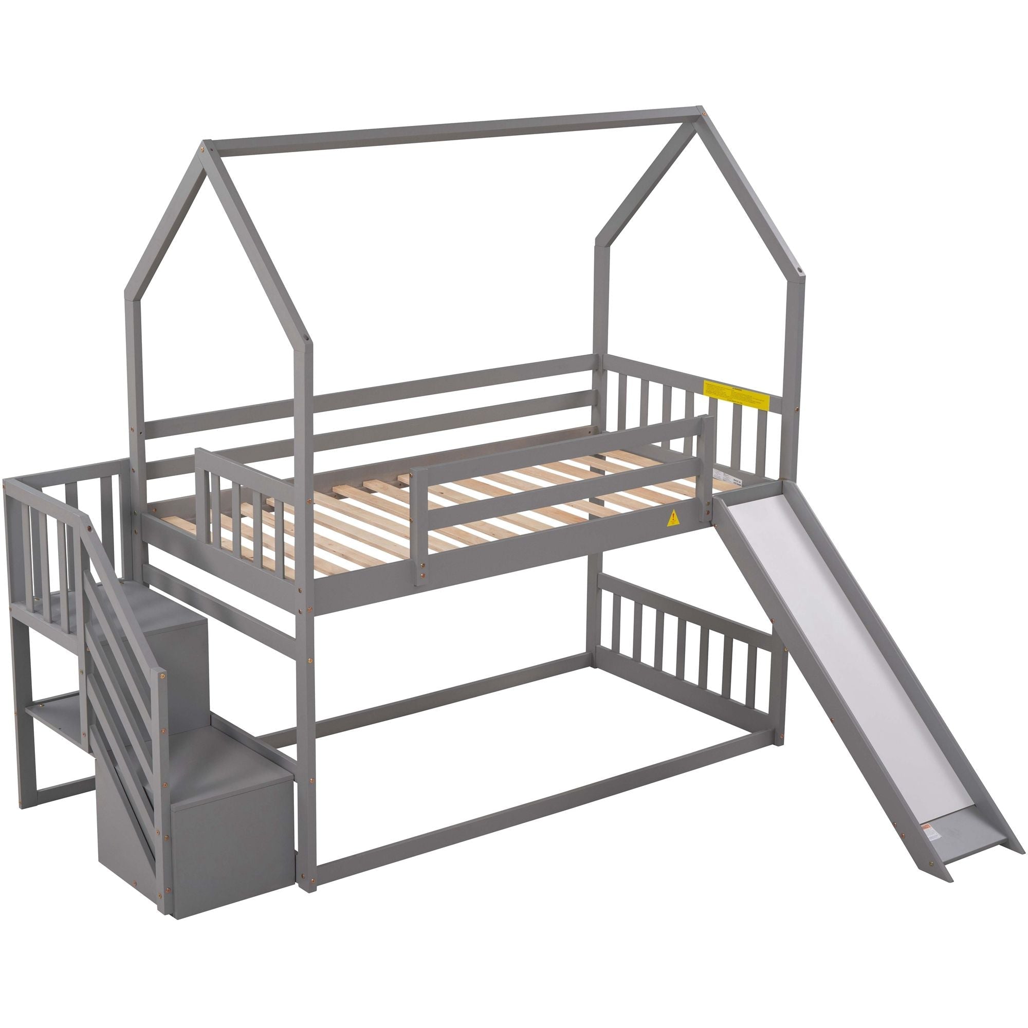 Imaginative Twin Over Twin Wood Bunk Bed with Convertible Slide and Storage Stairs, Gray | Just Better Bunk Beds