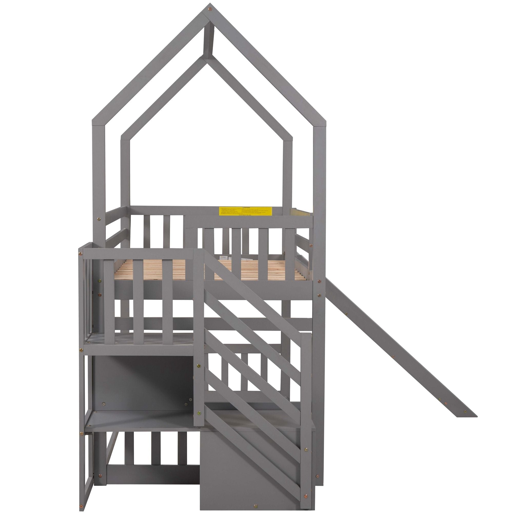 Imaginative Twin Over Twin Wood Bunk Bed with Convertible Slide and Storage Stairs, Gray | Just Better Bunk Beds