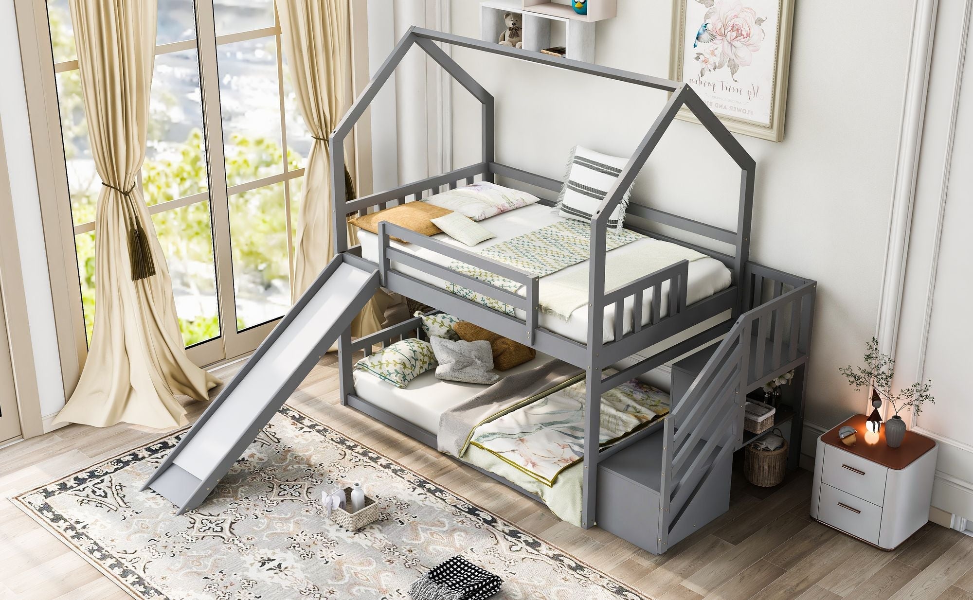 Imaginative Twin Over Twin Wood Bunk Bed with Convertible Slide and Storage Stairs, Gray | Just Better Bunk Beds