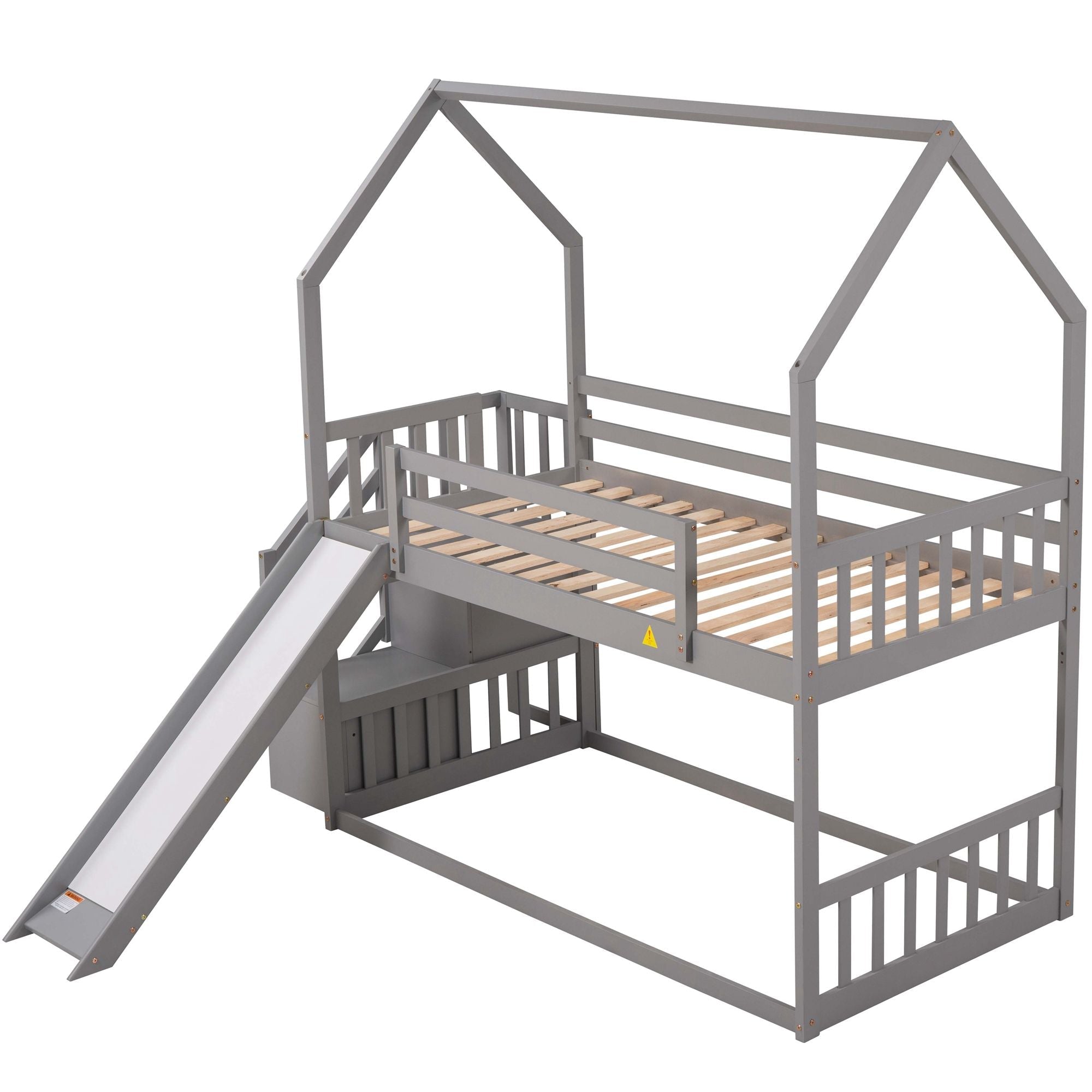 Imaginative Twin Over Twin Wood Bunk Bed with Convertible Slide and Storage Stairs, Gray | Just Better Bunk Beds