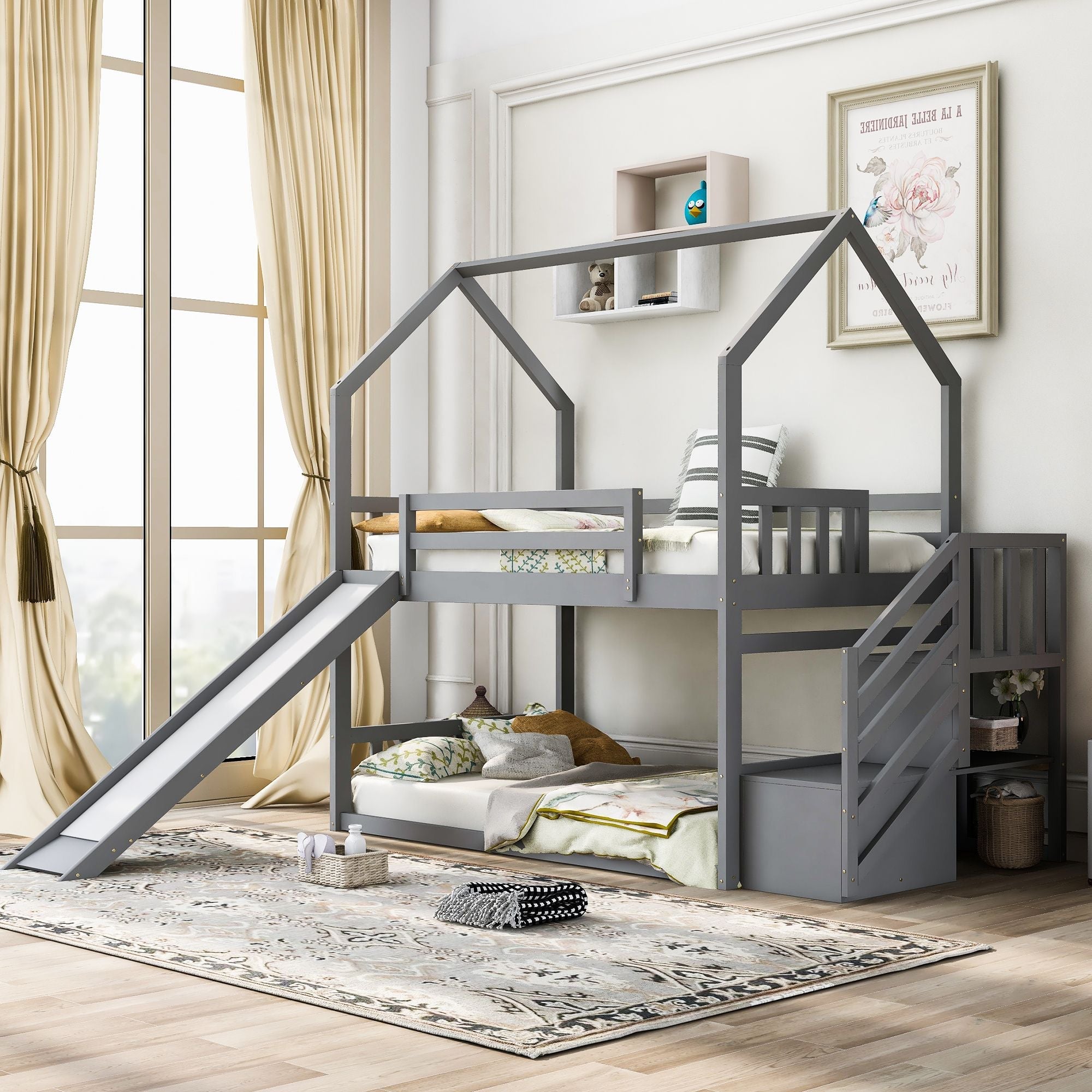 Imaginative Twin Over Twin Wood Bunk Bed with Convertible Slide and Storage Stairs, Gray | Just Better Bunk Beds