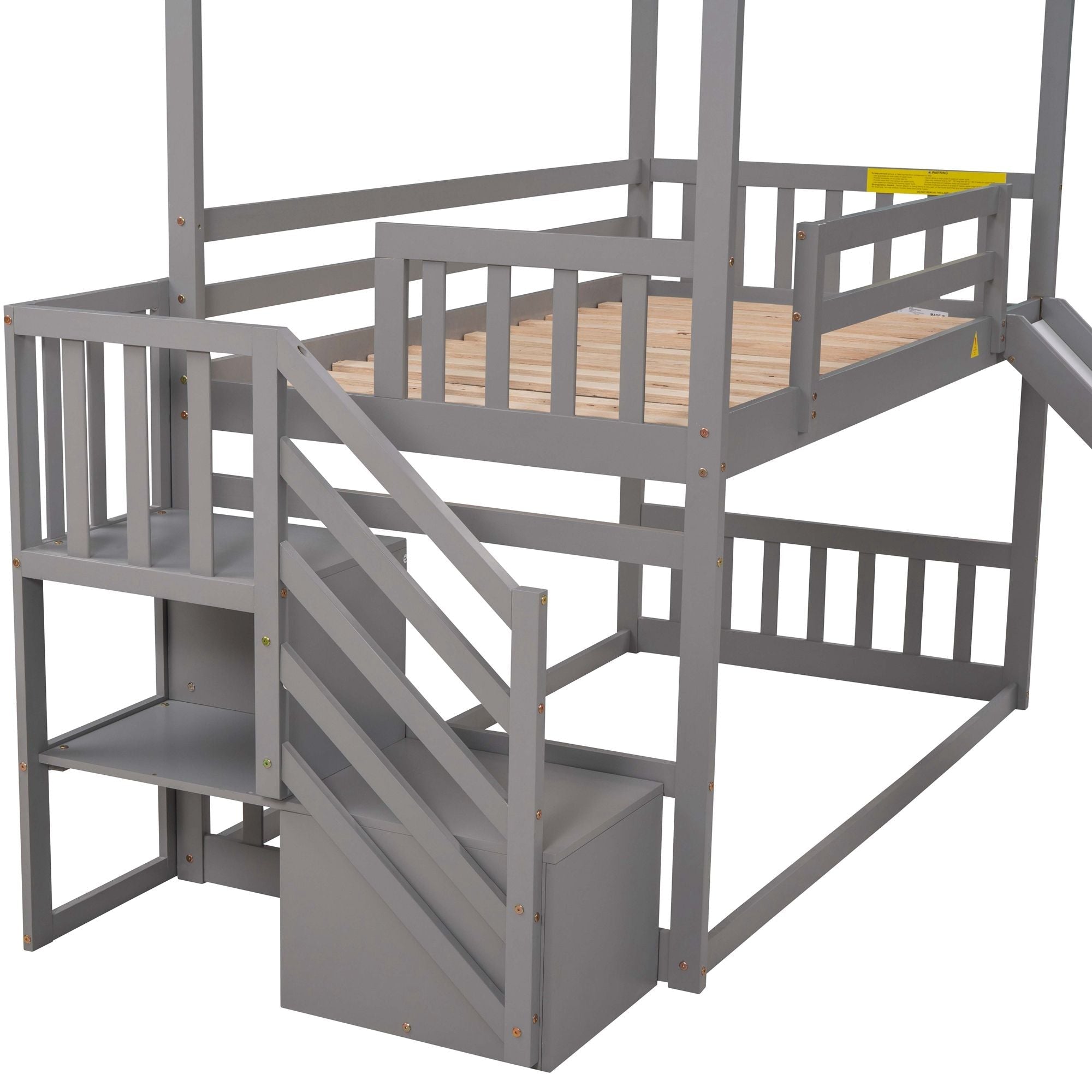Imaginative Twin Over Twin Wood Bunk Bed with Convertible Slide and Storage Stairs, Gray | Just Better Bunk Beds