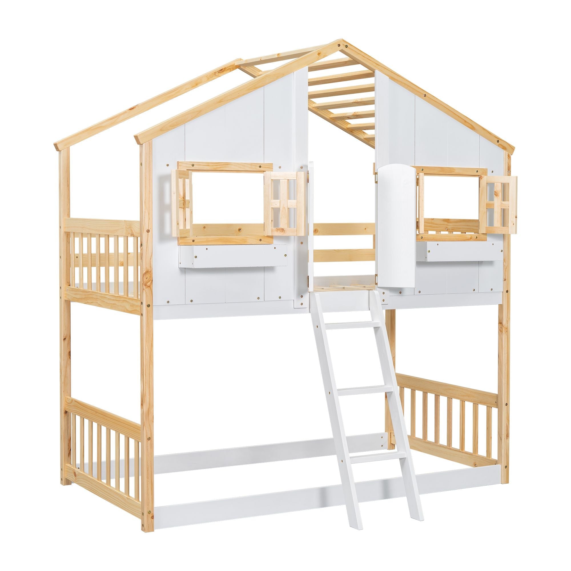 Imaginative Twin Over Twin Wood House Bunk Bed with Roof, Window, Door, Ladder in Multiple Colors | Just Better Bunk Beds