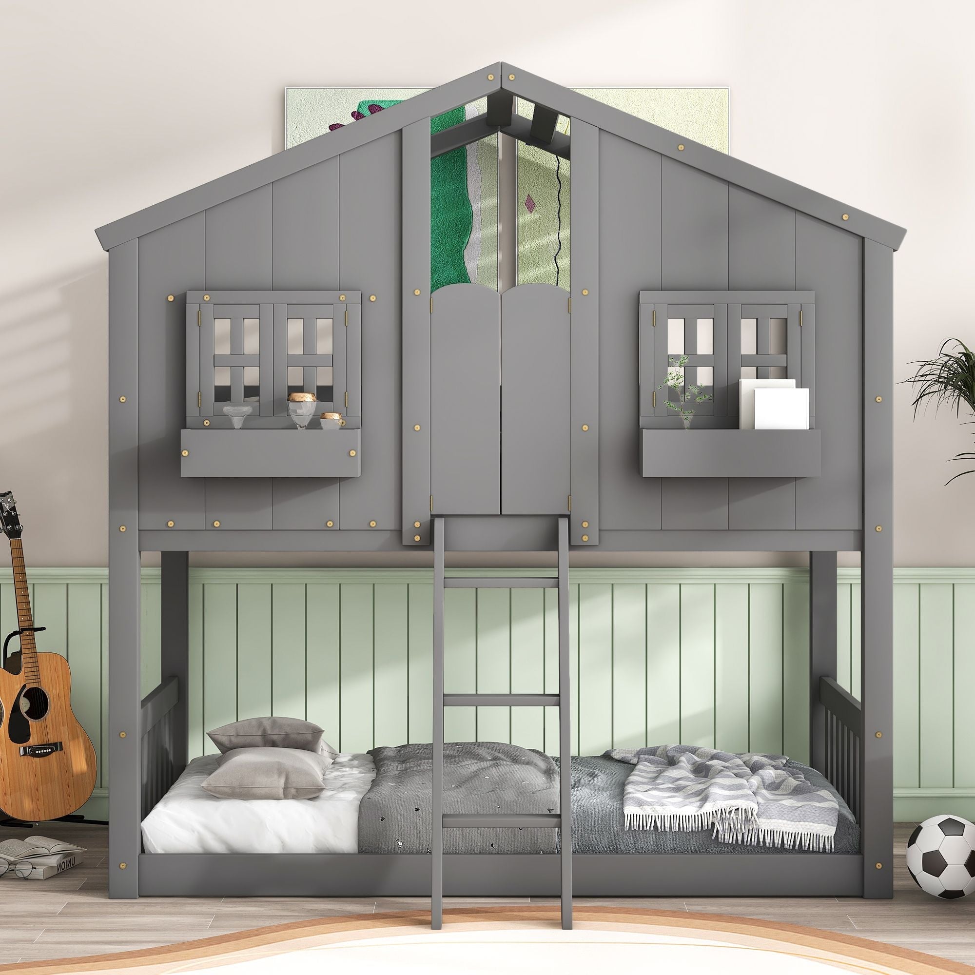 Imaginative Twin Over Twin Wood House Bunk Bed with Roof, Window, Door, Ladder in Multiple Colors | Just Better Bunk Beds