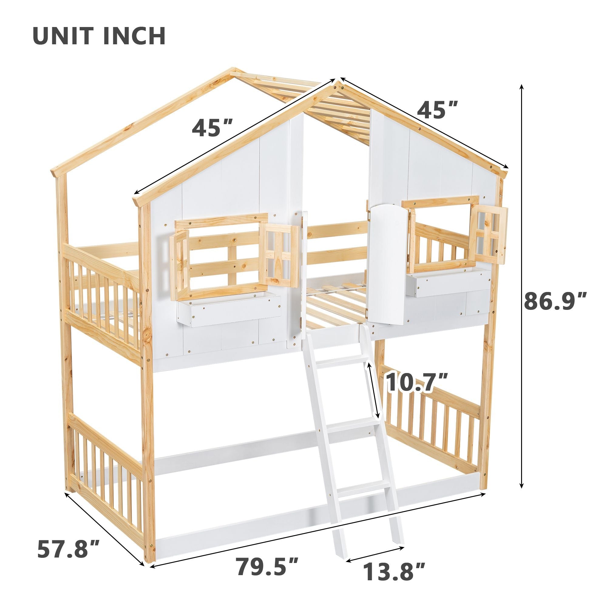 Imaginative Twin Over Twin Wood House Bunk Bed with Roof, Window, Door, Ladder in Multiple Colors | Just Better Bunk Beds
