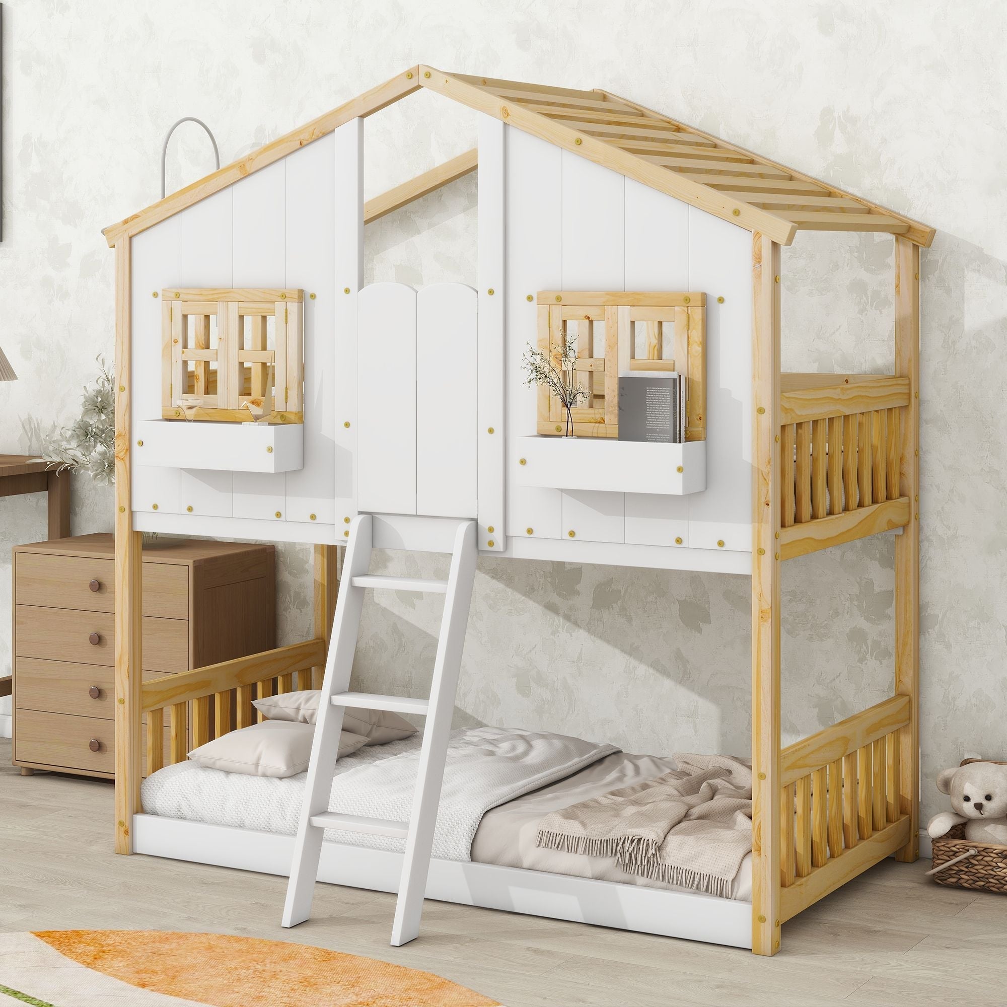 Imaginative Twin Over Twin Wood House Bunk Bed with Roof, Window, Door, Ladder in Multiple Colors | Just Better Bunk Beds