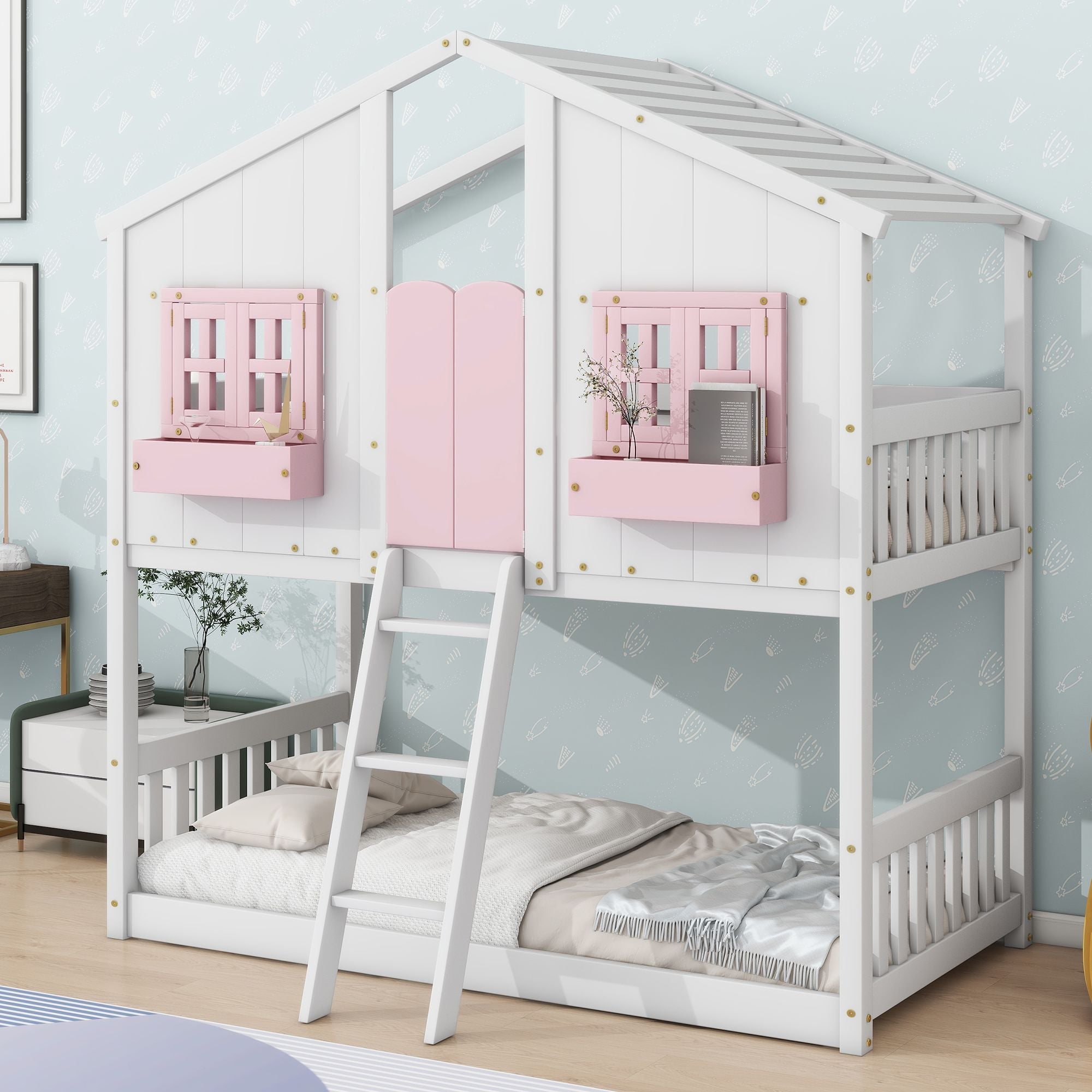 Imaginative Twin Over Twin Wood House Bunk Bed with Roof, Window, Door, Ladder in Multiple Colors | Just Better Bunk Beds