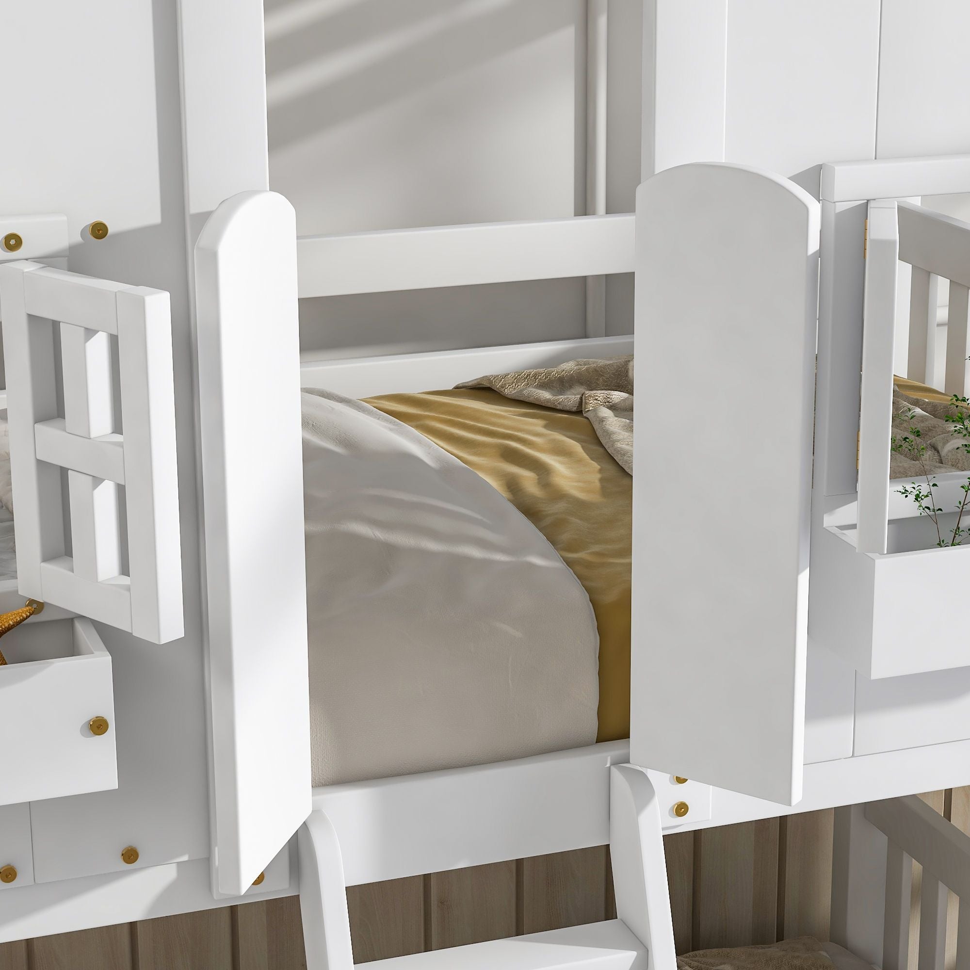Imaginative Twin Over Twin Wood House Bunk Bed with Roof, Window, Door, Ladder in Multiple Colors | Just Better Bunk Beds