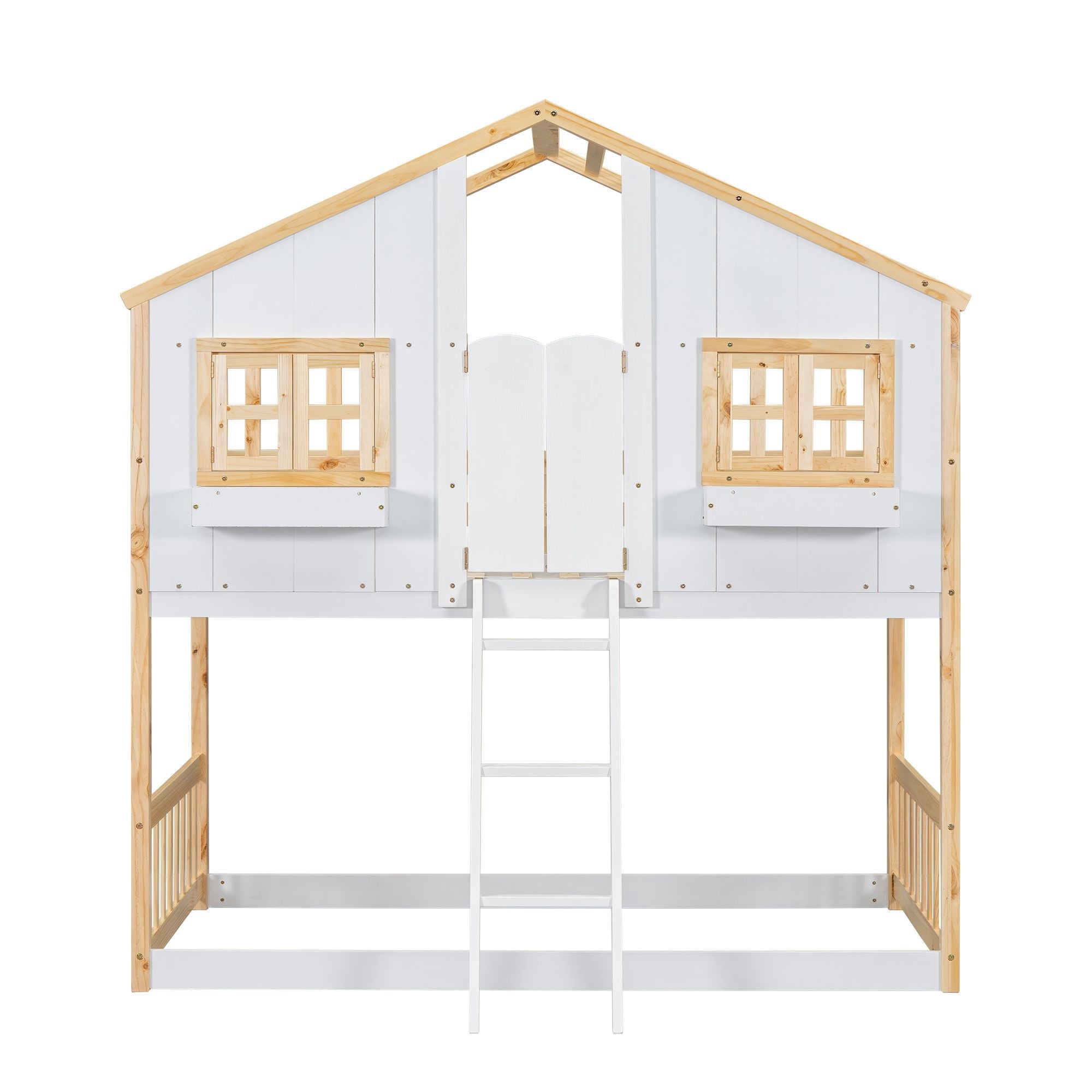 Imaginative Twin Over Twin Wood House Bunk Bed with Roof, Window, Door, Ladder in Multiple Colors | Just Better Bunk Beds
