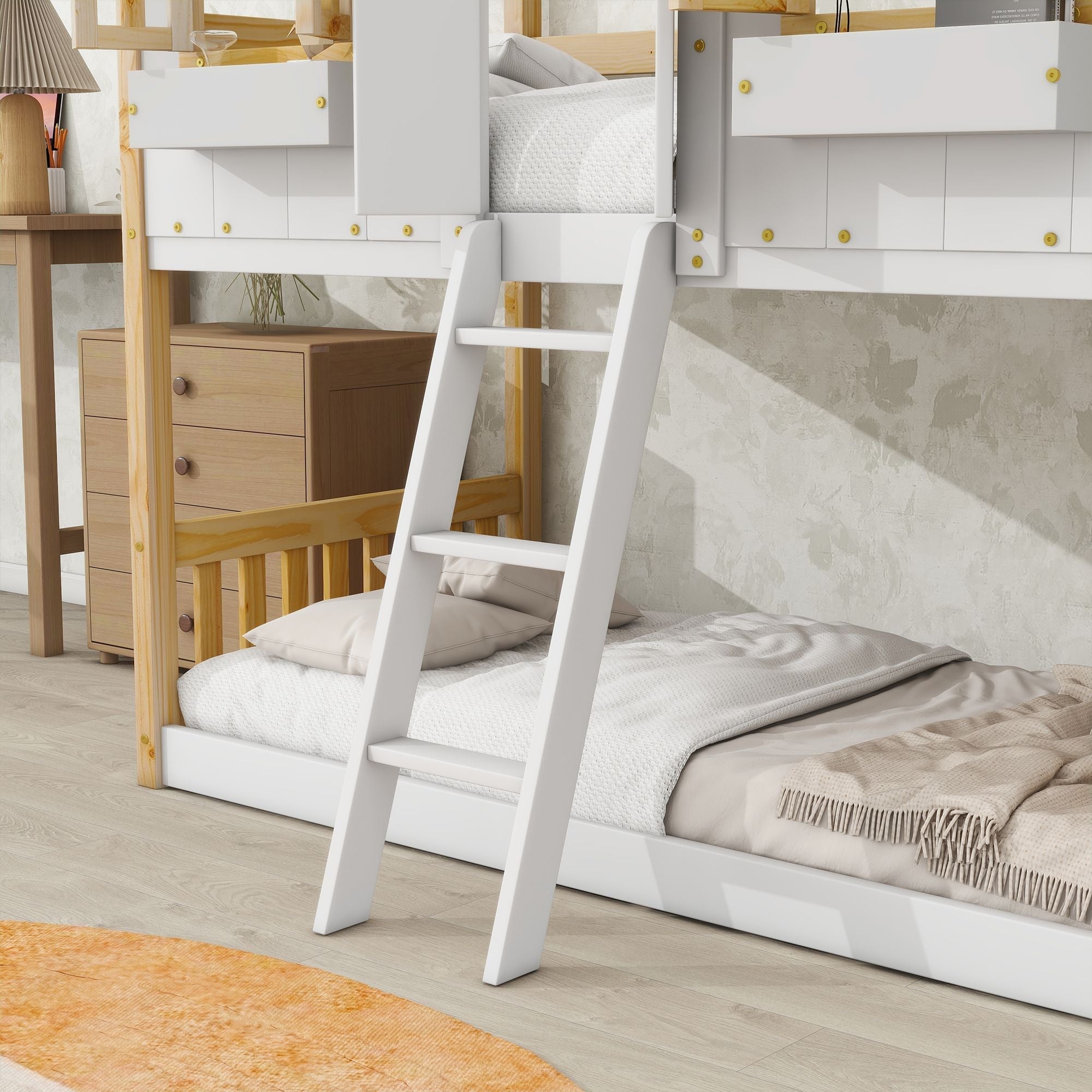 Imaginative Twin Over Twin Wood House Bunk Bed with Roof, Window, Door, Ladder in Multiple Colors | Just Better Bunk Beds