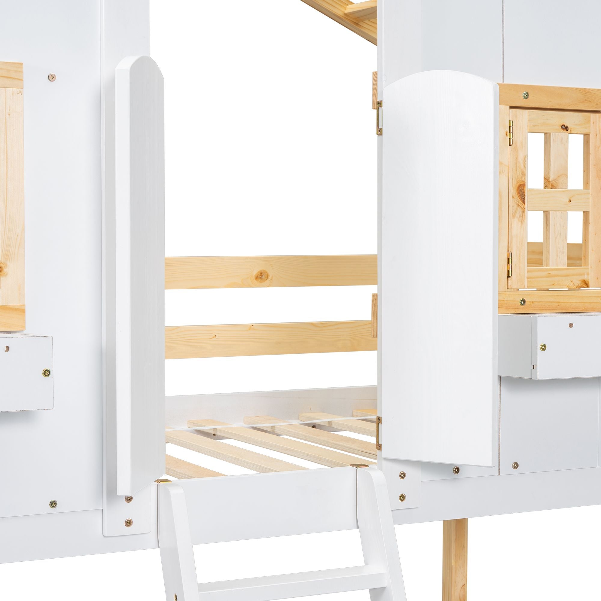 Imaginative Twin Over Twin Wood House Bunk Bed with Roof, Window, Door, Ladder in Multiple Colors | Just Better Bunk Beds