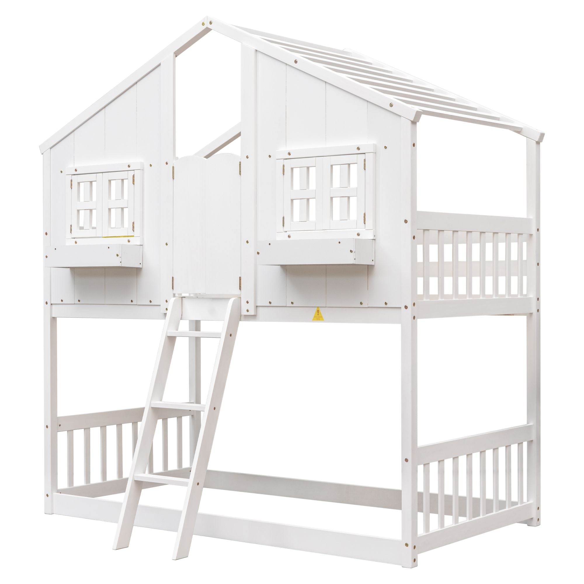 Imaginative Twin Over Twin Wood House Bunk Bed with Roof, Window, Door, Ladder in Multiple Colors | Just Better Bunk Beds