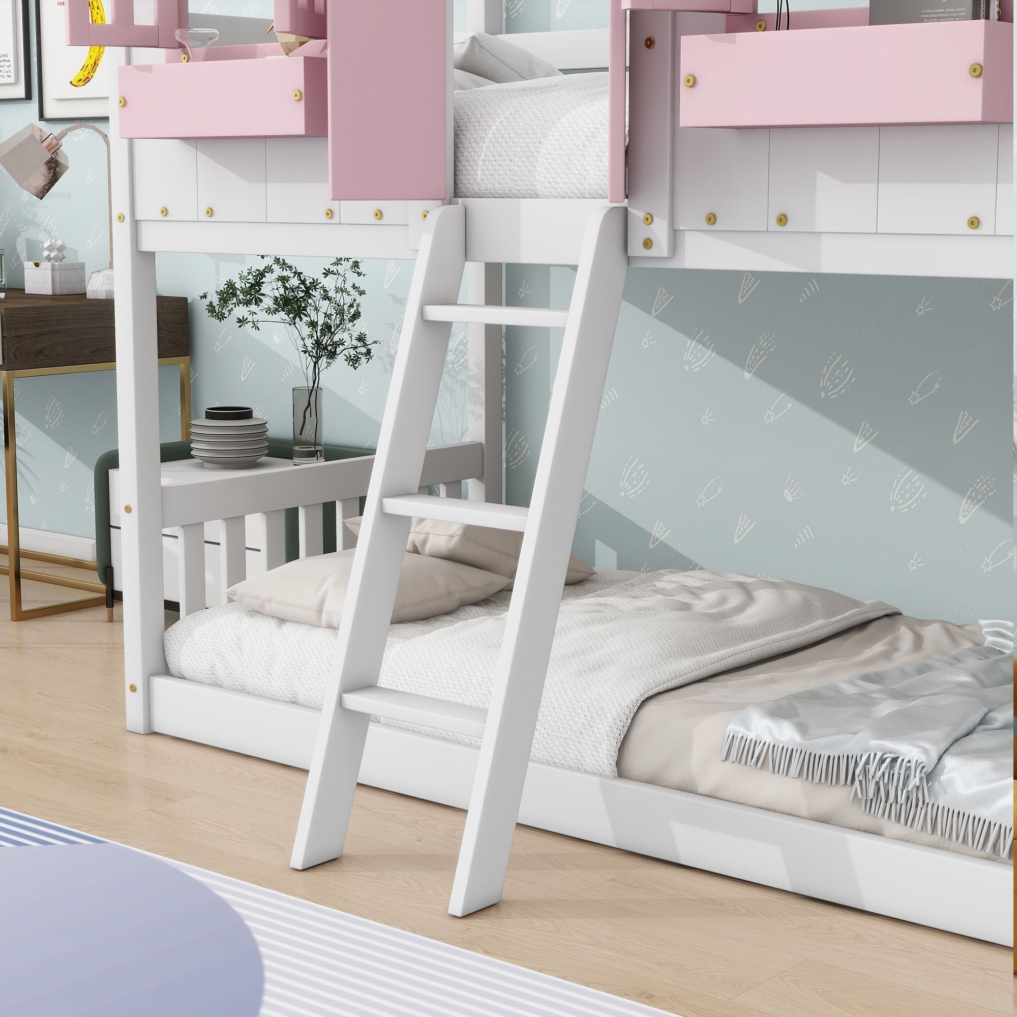 Imaginative Twin Over Twin Wood House Bunk Bed with Roof, Window, Door, Ladder in Multiple Colors | Just Better Bunk Beds