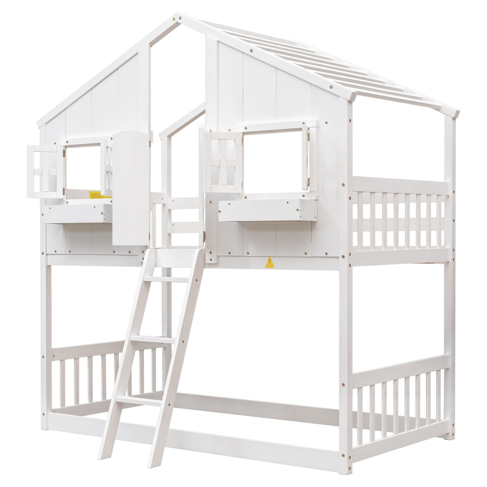 Imaginative Twin Over Twin Wood House Bunk Bed with Roof, Window, Door, Ladder in Multiple Colors | Just Better Bunk Beds