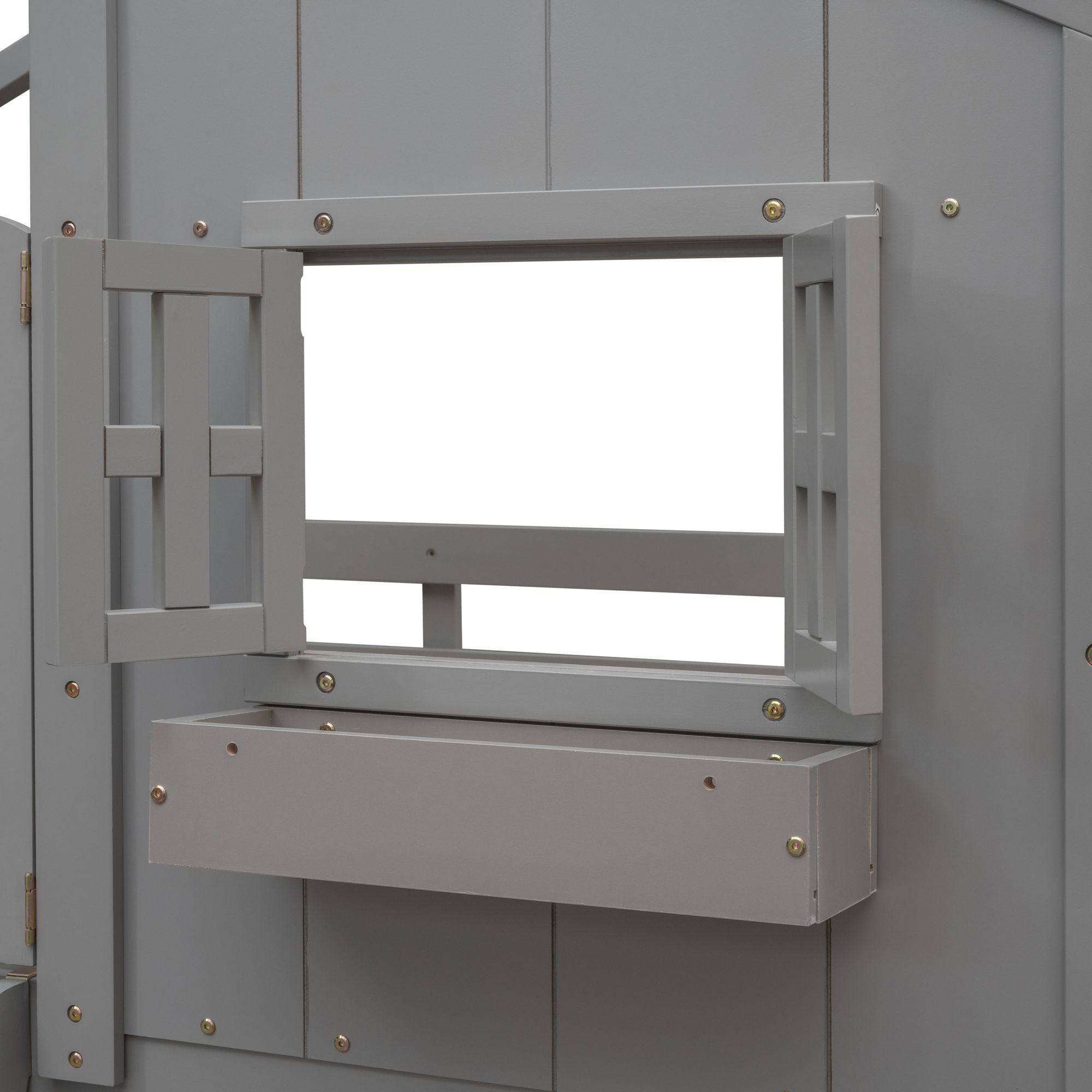 Imaginative Twin Over Twin Wood House Bunk Bed with Roof, Window, Door, Ladder in Multiple Colors | Just Better Bunk Beds