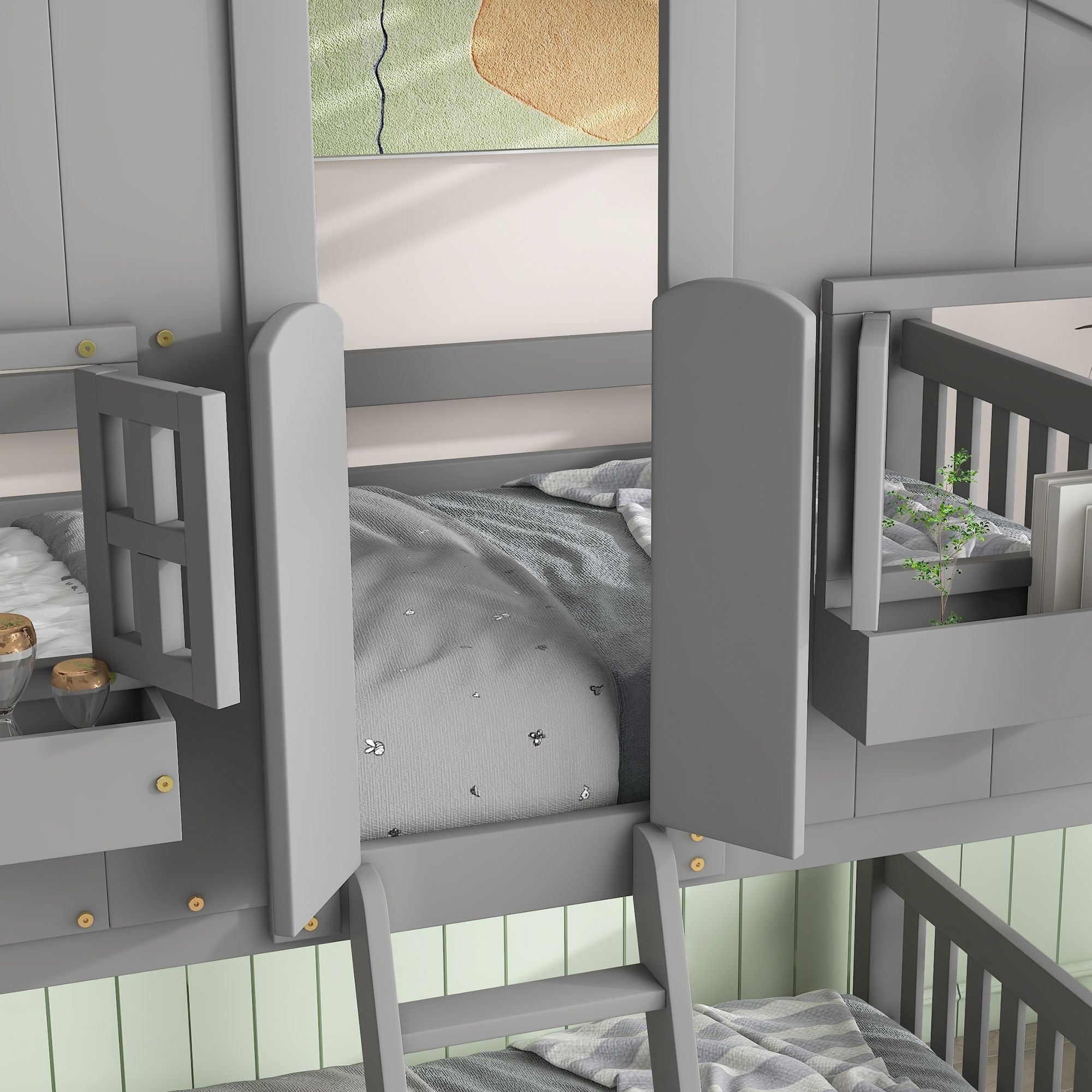Imaginative Twin Over Twin Wood House Bunk Bed with Roof, Window, Door, Ladder in Multiple Colors | Just Better Bunk Beds
