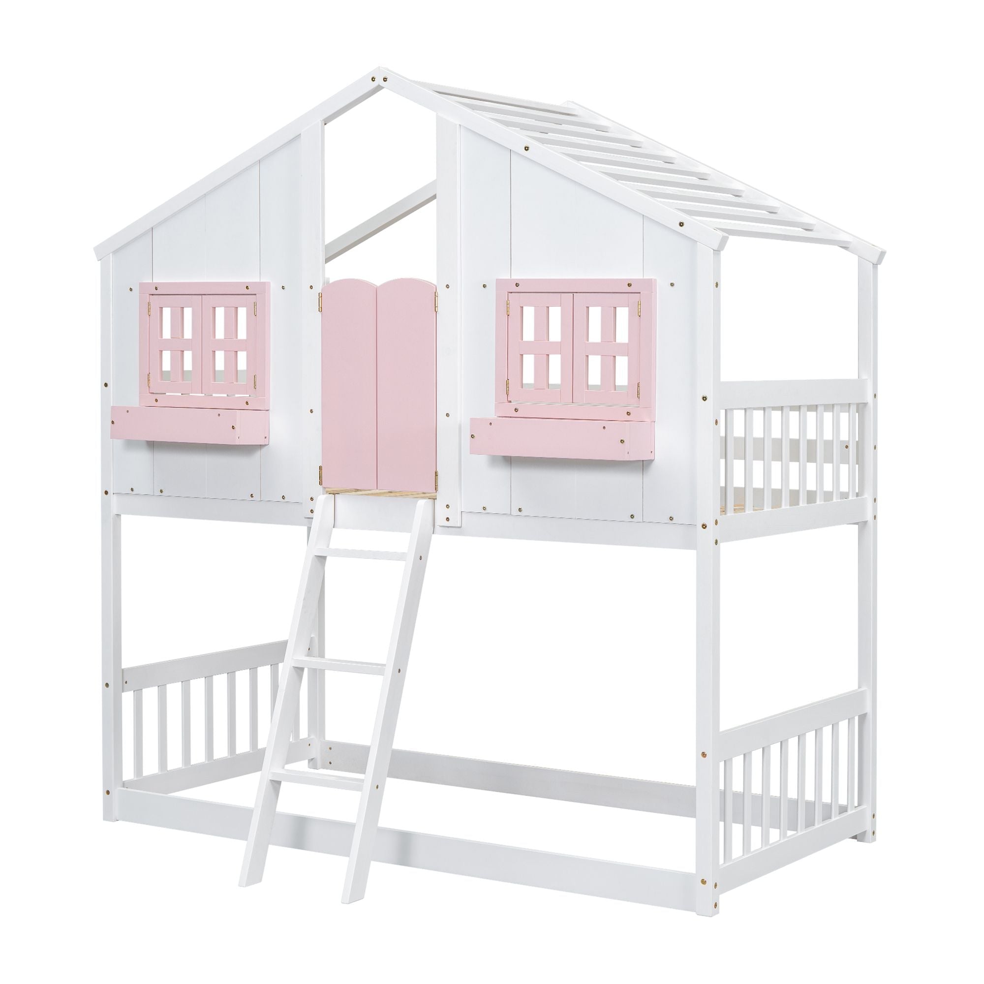 Imaginative Twin Over Twin Wood House Bunk Bed with Roof, Window, Door, Ladder in Multiple Colors | Just Better Bunk Beds