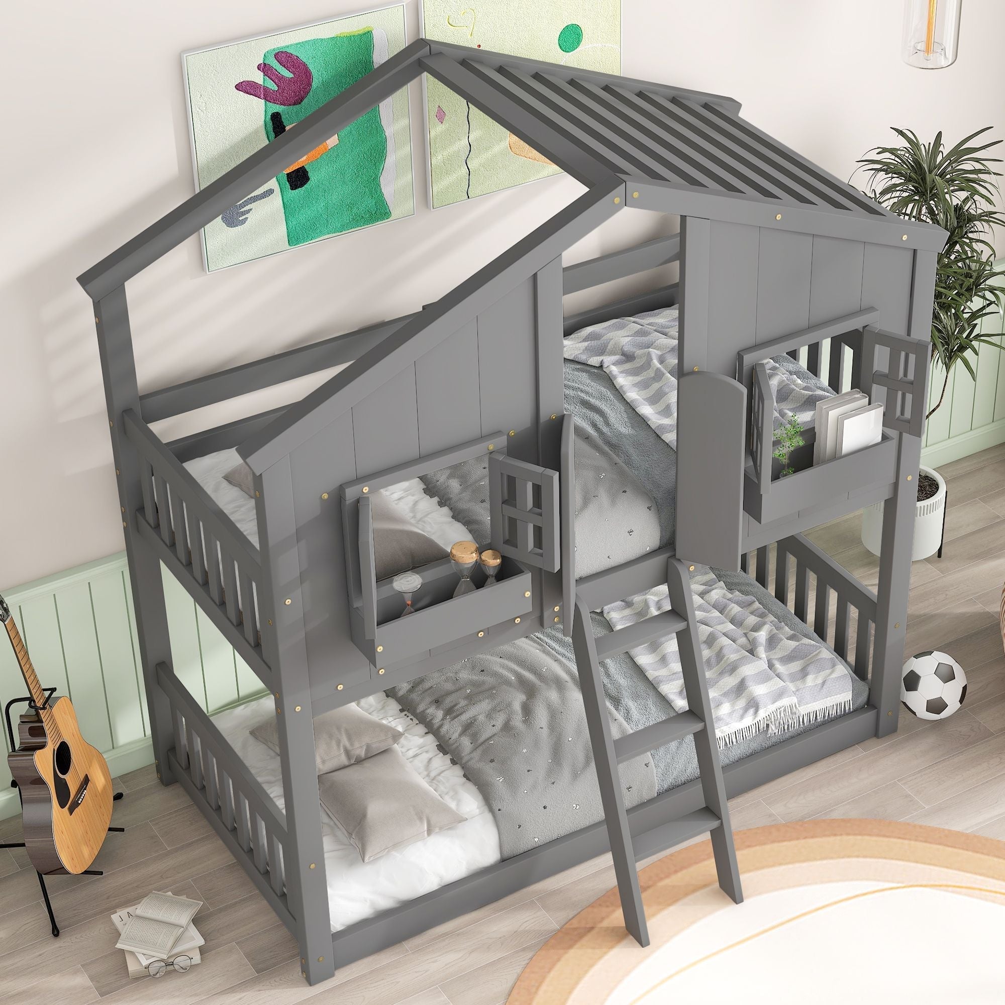 Imaginative Twin Over Twin Wood House Bunk Bed with Roof, Window, Door, Ladder in Multiple Colors | Just Better Bunk Beds