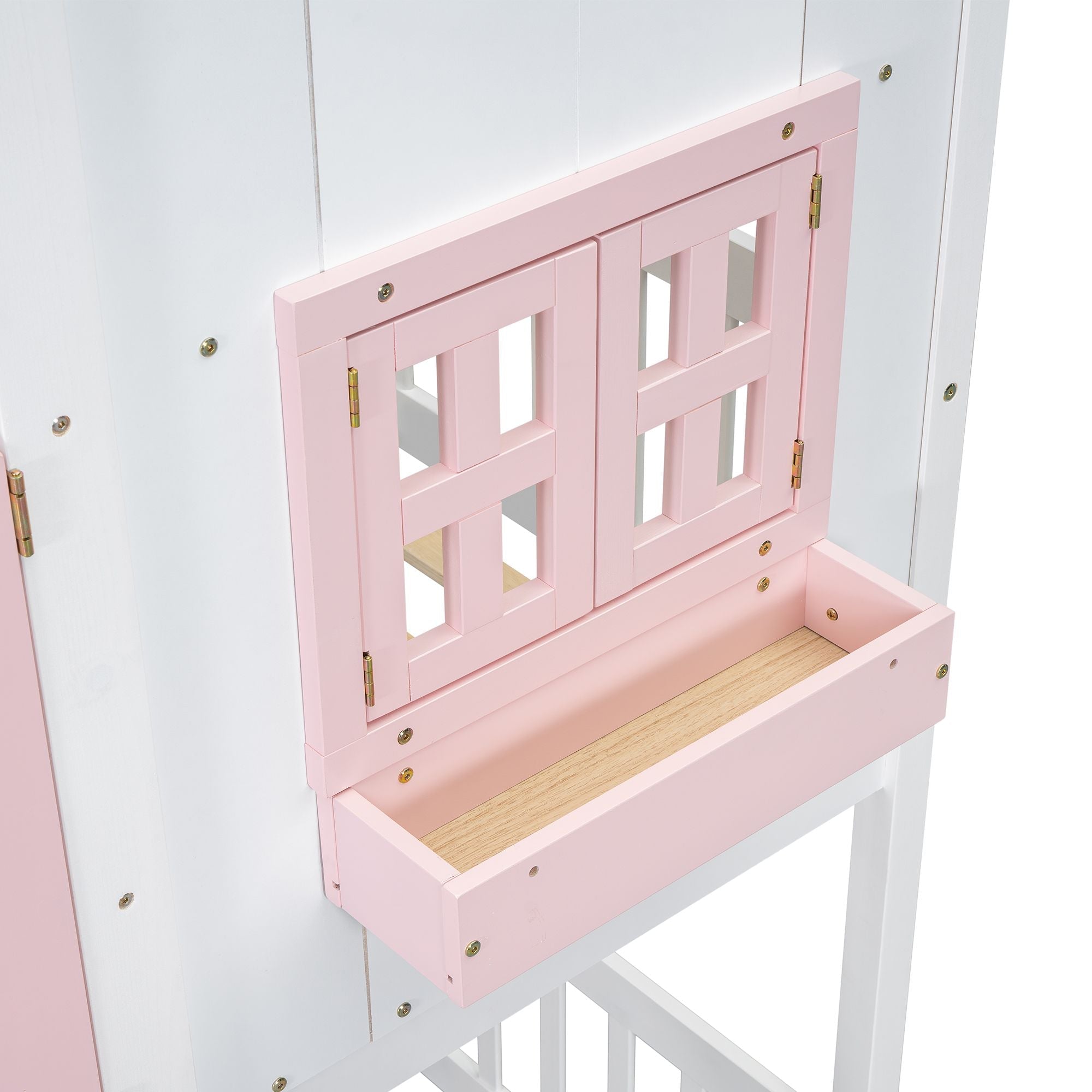 Imaginative Twin Over Twin Wood House Bunk Bed with Roof, Window, Door, Ladder in Multiple Colors | Just Better Bunk Beds