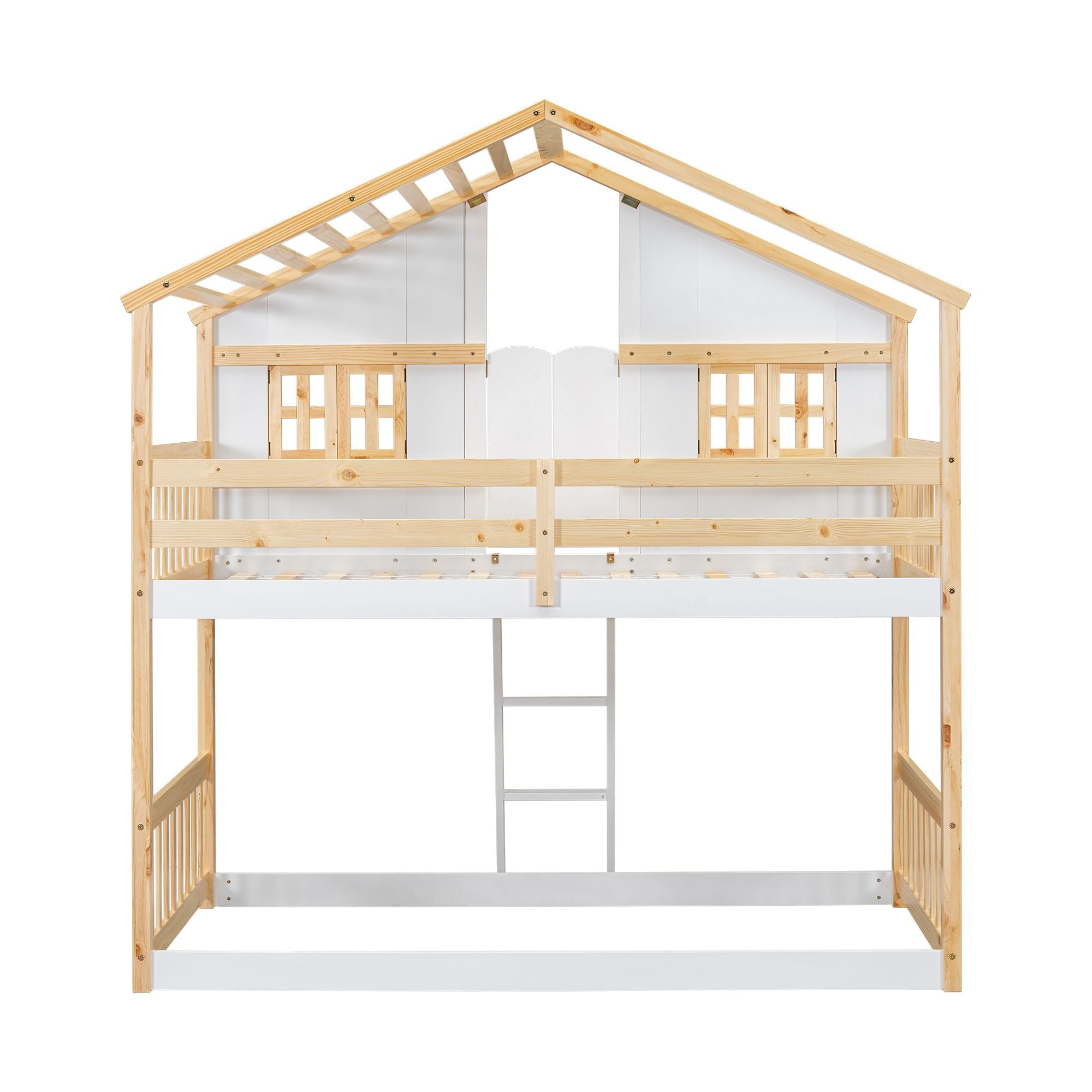 Imaginative Twin Over Twin Wood House Bunk Bed with Roof, Window, Door, Ladder in Multiple Colors | Just Better Bunk Beds