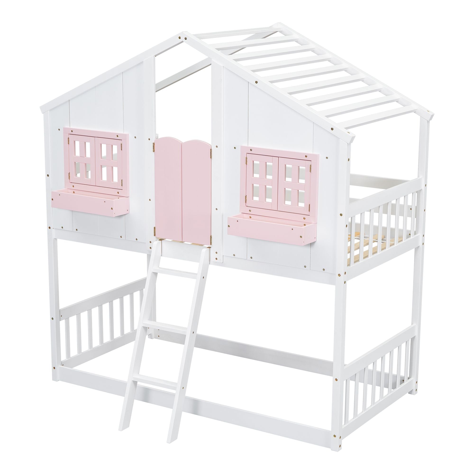 Imaginative Twin Over Twin Wood House Bunk Bed with Roof, Window, Door, Ladder in Multiple Colors | Just Better Bunk Beds