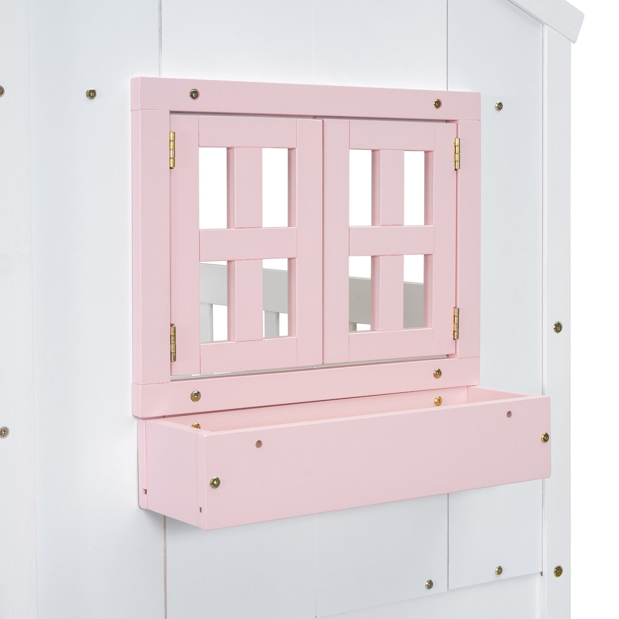Imaginative Twin Over Twin Wood House Bunk Bed with Roof, Window, Door, Ladder in Multiple Colors | Just Better Bunk Beds