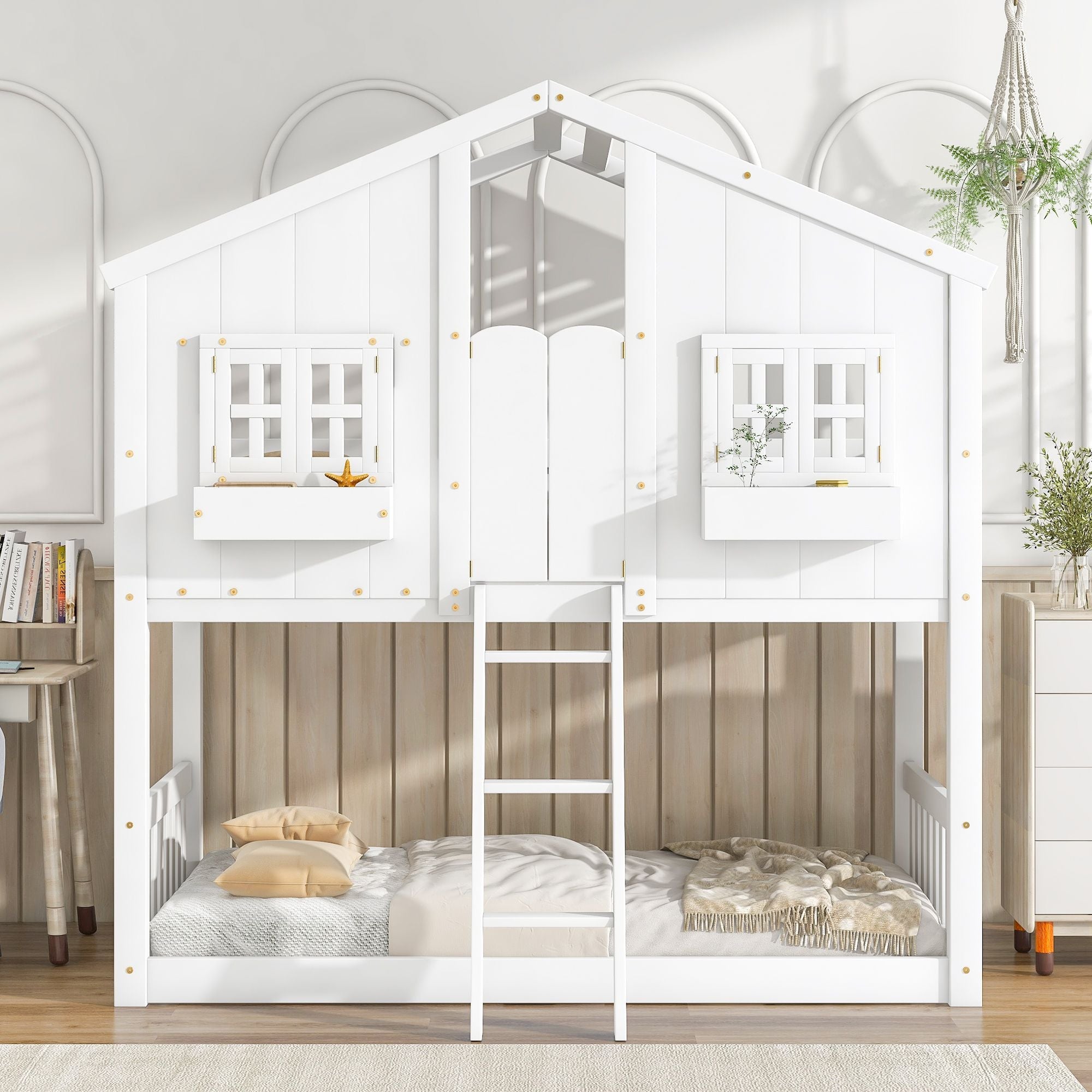 Imaginative Twin Over Twin Wood House Bunk Bed with Roof, Window, Door, Ladder in Multiple Colors | Just Better Bunk Beds