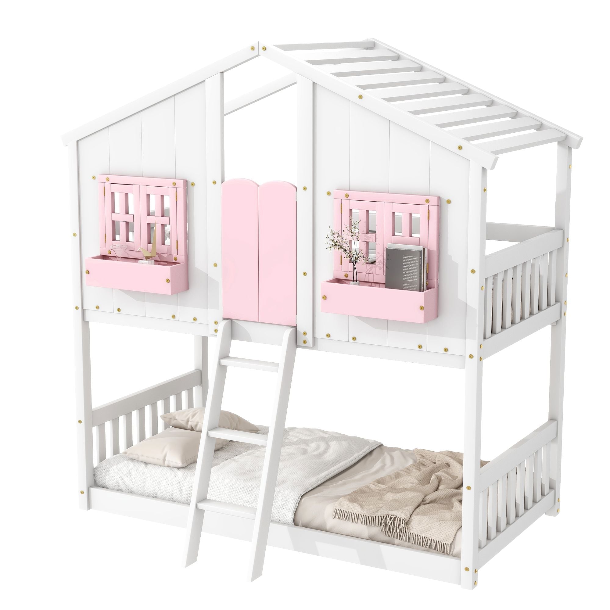 Imaginative Twin Over Twin Wood House Bunk Bed with Roof, Window, Door, Ladder in Multiple Colors | Just Better Bunk Beds