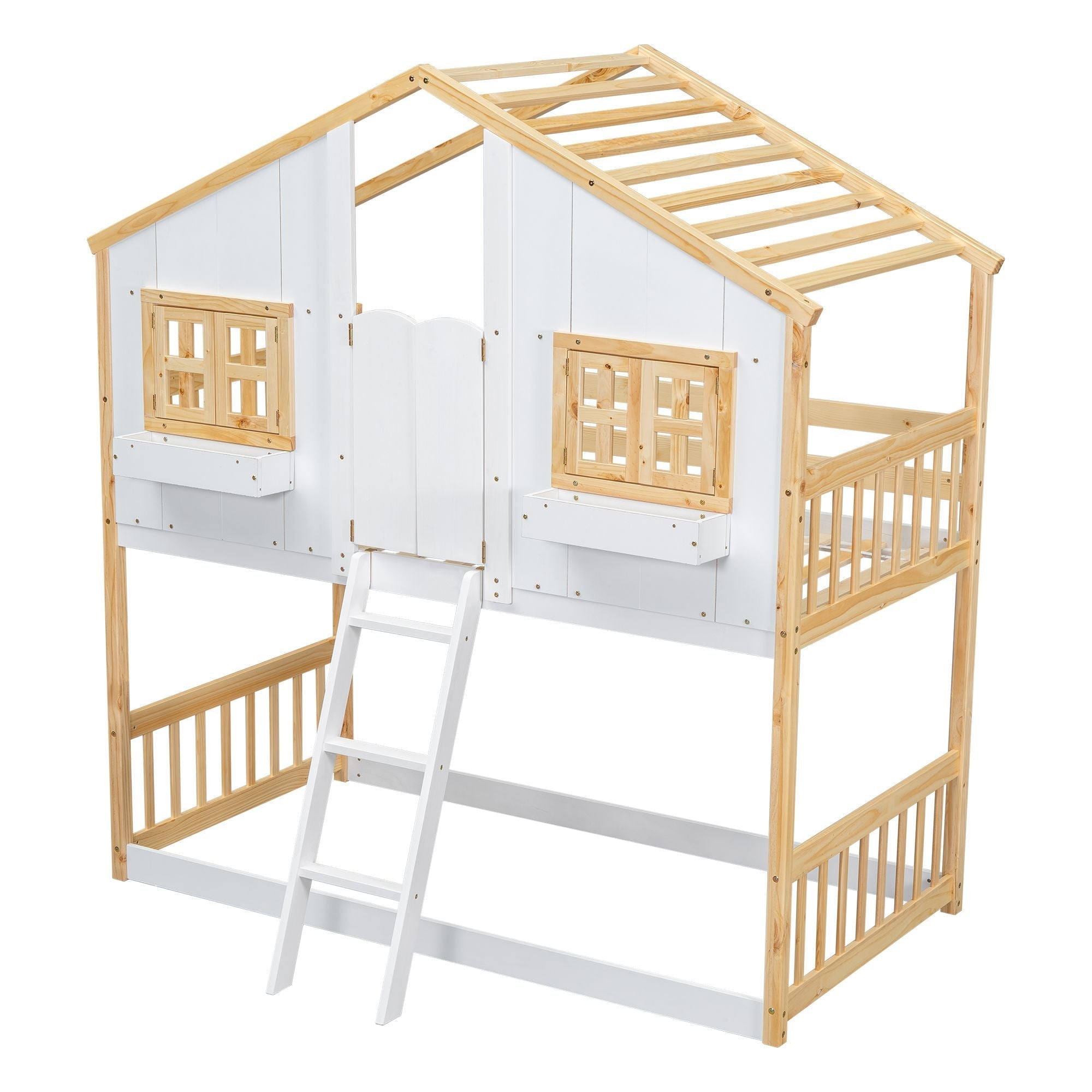 Imaginative Twin Over Twin Wood House Bunk Bed with Roof, Window, Door, Ladder in Multiple Colors | Just Better Bunk Beds