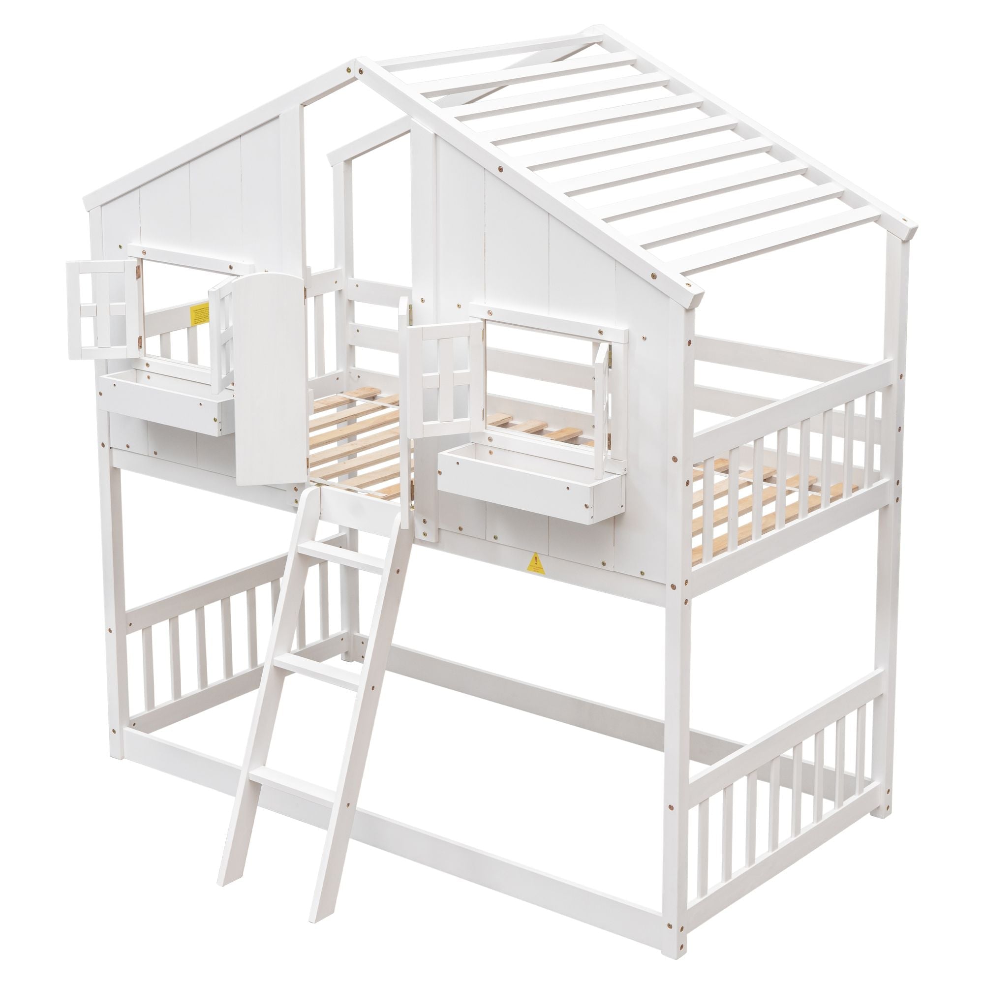 Imaginative Twin Over Twin Wood House Bunk Bed with Roof, Window, Door, Ladder in Multiple Colors | Just Better Bunk Beds
